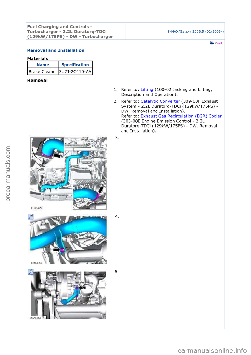 FORD GALAXY 2006  Service Repair Manual Fuel Ch\brgi\fg \b\fd Co\ftrols - 
Turboch\brger - 2.2L Dur\btorq-TDCi 
(129kW/175PS) - DW - Turboch\brger
S-MAX/G\bl\bxy\f2006.5\f(02/2006-)\fPrint \f
Remov\bl \b\fd I\fst\bll\btio\f 
M\bteri\bls 
Re