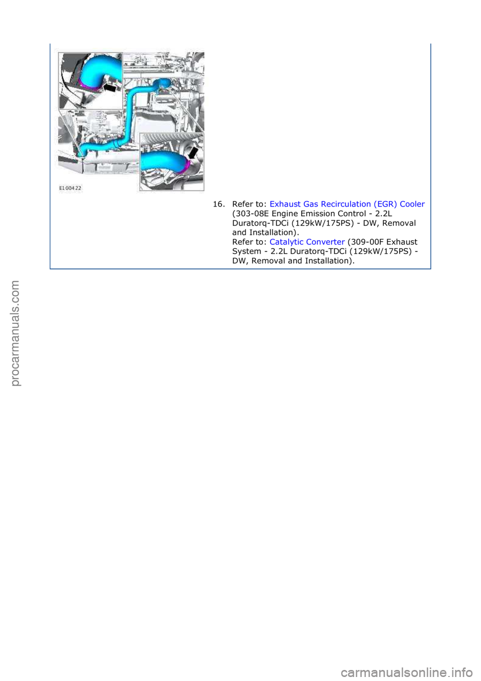 FORD GALAXY 2006  Service Repair Manual 16. Refer\fto:\fExh\bust\fG\bs\fRecircul\btion\f(EGR)\fCooler \f
(30
3-08E\fEngine\fEmission\fControl\f-\f2.2L\f
Dur\btorq-TDCi\f(129kW/175PS)\f-\fDW,\fRemov\bl\f
\bnd\fInst\bll\btion).\f
Refer\fto:\f