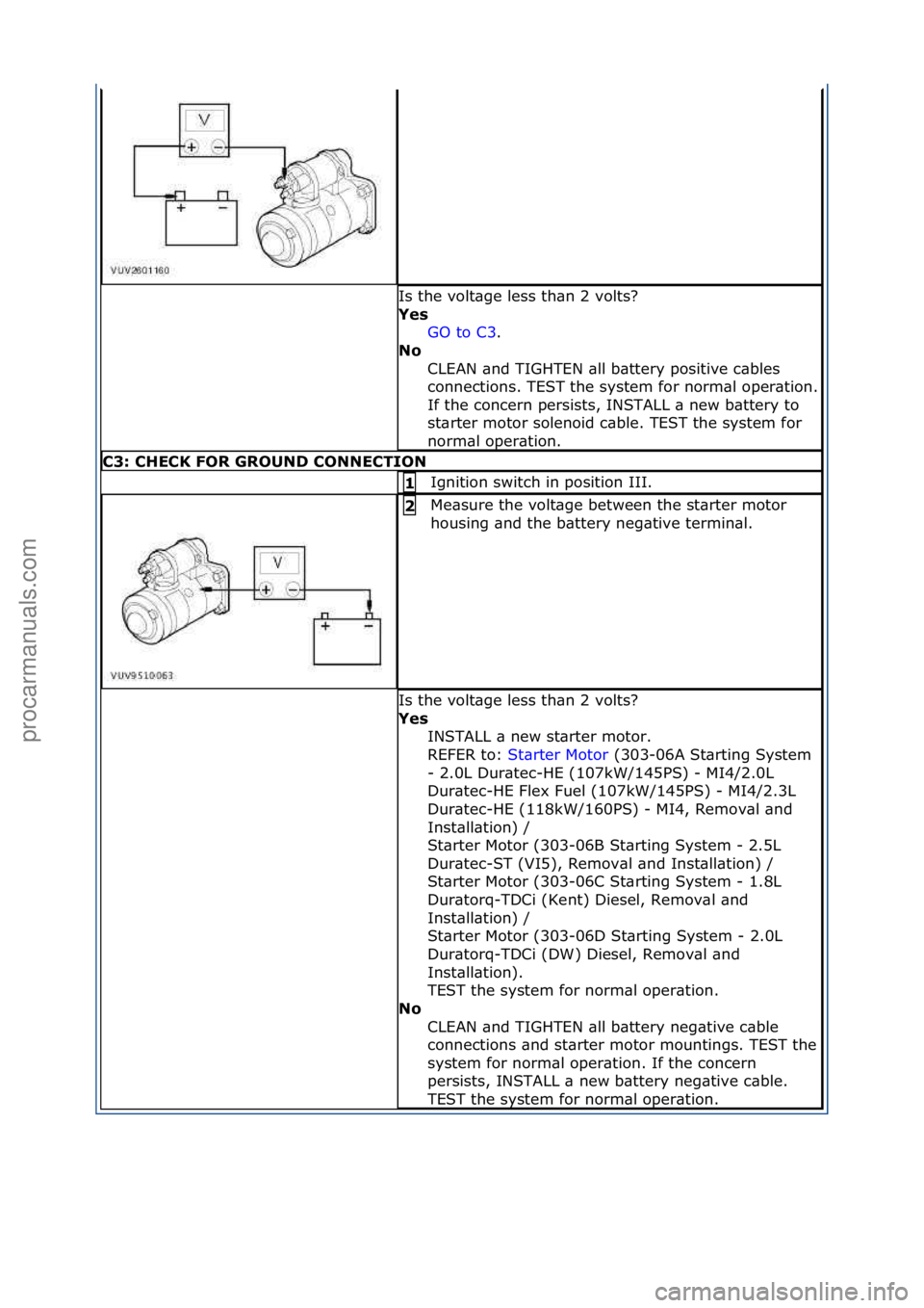 FORD GALAXY 2006 Service Repair Manual Is\fthe\fvolt\bge\fless\fth\bn\f2\fvolts?\f
Yes\bGO\fto\fC3 .\f\f
No \b
C
LEAN\f\bnd\fTIGHTEN\f\bll\fb\bttery\fpositive\fc\bbles\f
connections.\fTEST\fthe\fsystem\ffor\fnorm\bl\foper\btion.\f
If\fthe FORD GALAXY 2006 Service Repair Manual Is\fthe\fvolt\bge\fless\fth\bn\f2\fvolts?\f
Yes\bGO\fto\fC3 .\f\f
No \b
C
LEAN\f\bnd\fTIGHTEN\f\bll\fb\bttery\fpositive\fc\bbles\f
connections.\fTEST\fthe\fsystem\ffor\fnorm\bl\foper\btion.\f
If\fthe