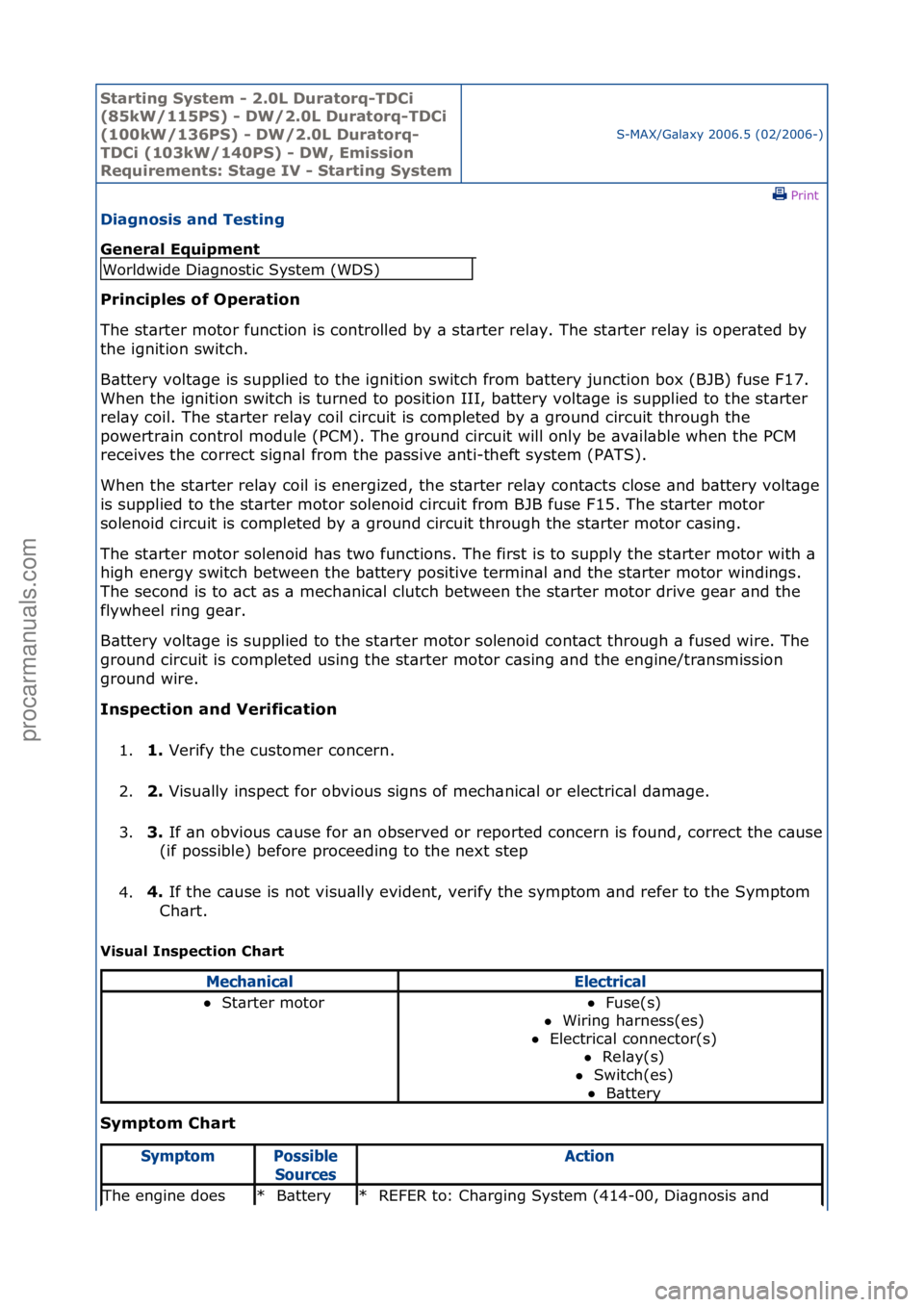 FORD GALAXY 2006  Service Repair Manual Starting\bSyste\f\b-\b2.0L\bDuratorq-TDCi\b
(85kW/115PS)\b-\bDW/2.0L\bDuratorq-TDCi\b
(100kW/136PS)\b-\bDW/2.0L\bDuratorq-
TDCi\b(103kW/140PS)\b-\bDW,\bE\fission\b
Require\fents:\bStage\bIV\b-\bStarti