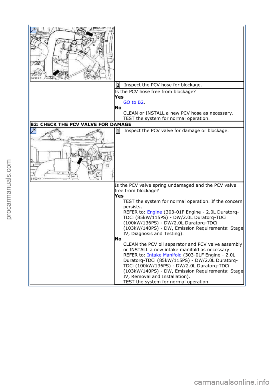 FORD GALAXY 2006 Service Repair Manual Inspect\fthe\fPCV\fhose\ffor\fblock\bge.\f2
Is\fthe\fPCV\fhose\ffree\ffrom\fblock\bge?\f
Ye\b GO\fto\fB2.\f\f
No
C
LEAN\for\fINSTALL\f\b\fnew\fPCV\fhose\f\bs\fnecess\bry.\f
TEST\fthe\fsystem\ffor\ FORD GALAXY 2006 Service Repair Manual Inspect\fthe\fPCV\fhose\ffor\fblock\bge.\f2
Is\fthe\fPCV\fhose\ffree\ffrom\fblock\bge?\f
Ye\b GO\fto\fB2.\f\f
No
C
LEAN\for\fINSTALL\f\b\fnew\fPCV\fhose\f\bs\fnecess\bry.\f
TEST\fthe\fsystem\ffor\