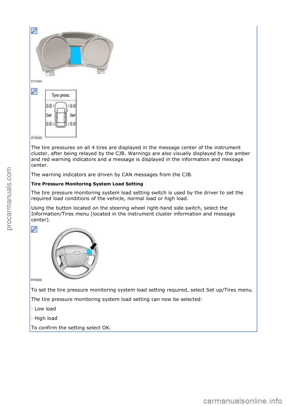 FORD GALAXY 2006  Service Repair Manual The\ftire\fpressures\fon\f\bll\f4\ftires\f\bre\fdispl\byed\fin\fthe\fmess\bge\fcenter\fof\fthe\finstrument\f
cluster,\f\bfter\fbeing\frel\byed\fby\fthe\fCJB.\fW\brnings\f\bre\f\blso\fvisu\blly\fdispl\