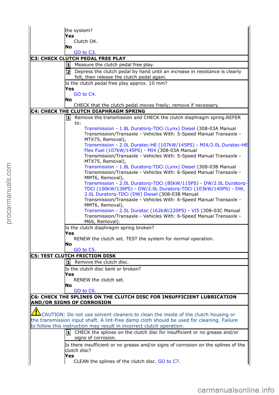 FORD GALAXY 2006  Service Repair Manual the\fsystem?\f
Yes Clutch\fOK.\f
N\f 
GO\fto\fC3 .\f\f
C3: CHECK CLUTCH PEDAL FREE PLAY
Me\bsure\fthe\fclutch\fped\bl\ffree\fpl\by.\f1 
Depress\fthe\fclutch\fped\bl\fby\fh\bnd\funtil\f\bn\fincre\bse\f