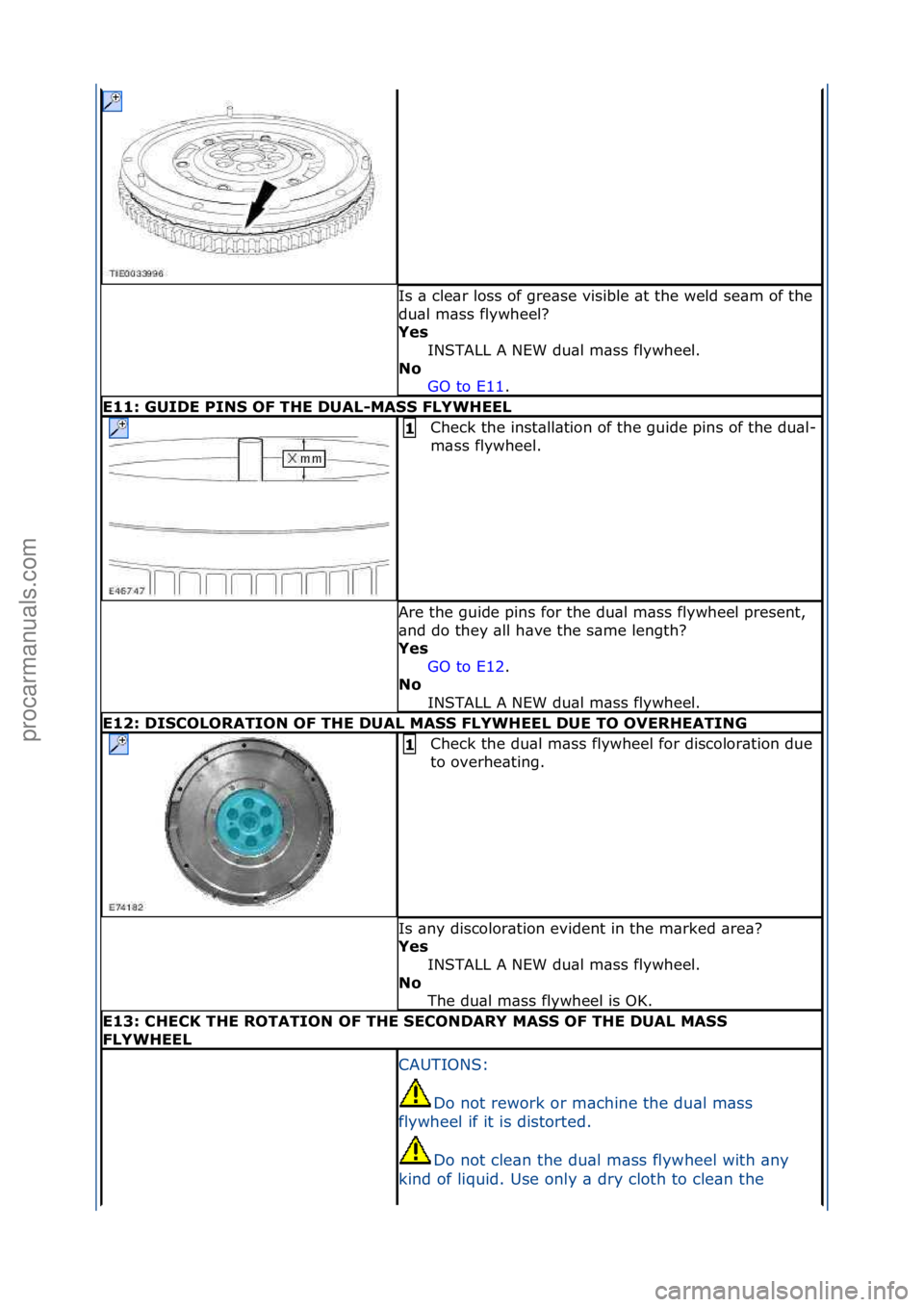 FORD GALAXY 2006  Service Repair Manual Is\f\b\fcle\br\floss\fof\fgre\bse\fvisible\f\bt\fthe\fweld\fse\bm\fof\fthe\f
du\bl\fm\bss\fflywheel?\f
Yes INSTALL\fA\fNEW\fdu\bl\fm\bss\fflywheel.\f
N\f  GO\fto\fE11 .\f\f
E11: GUIDE PINS OF THE DUAL