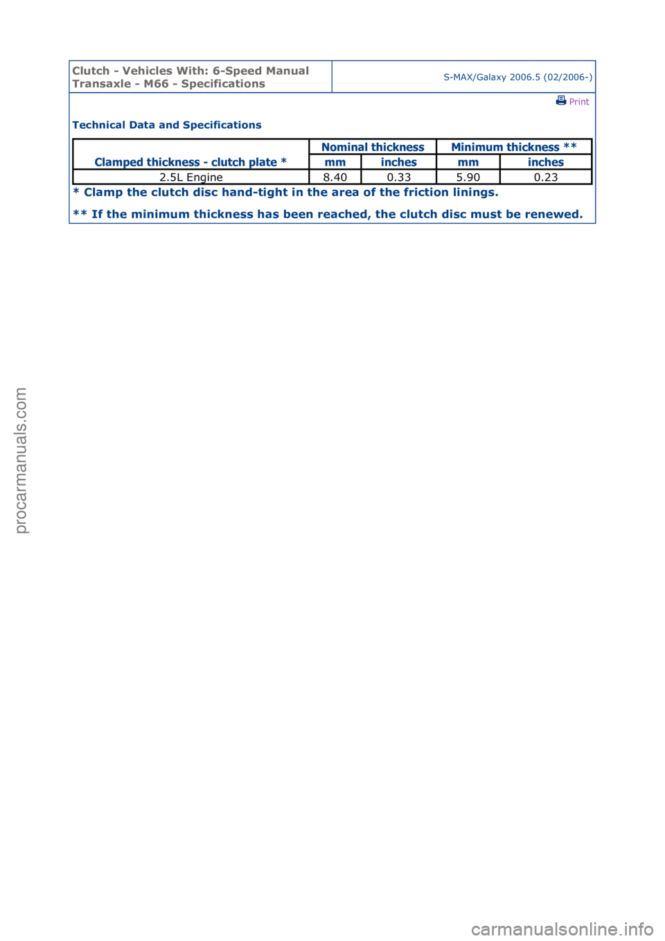 FORD GALAXY 2006  Service Repair Manual Clutch \b Vehicle\f With: 6\bSpeed Manual 
Tran\faxle \b M66 \b Specification\fS-MAX/G\bl\bxy\f2006.5\f(02/2006-)\fPrint \f
Technical Data and Specification\f 
* Clamp the clutch di\fc hand\btight in 