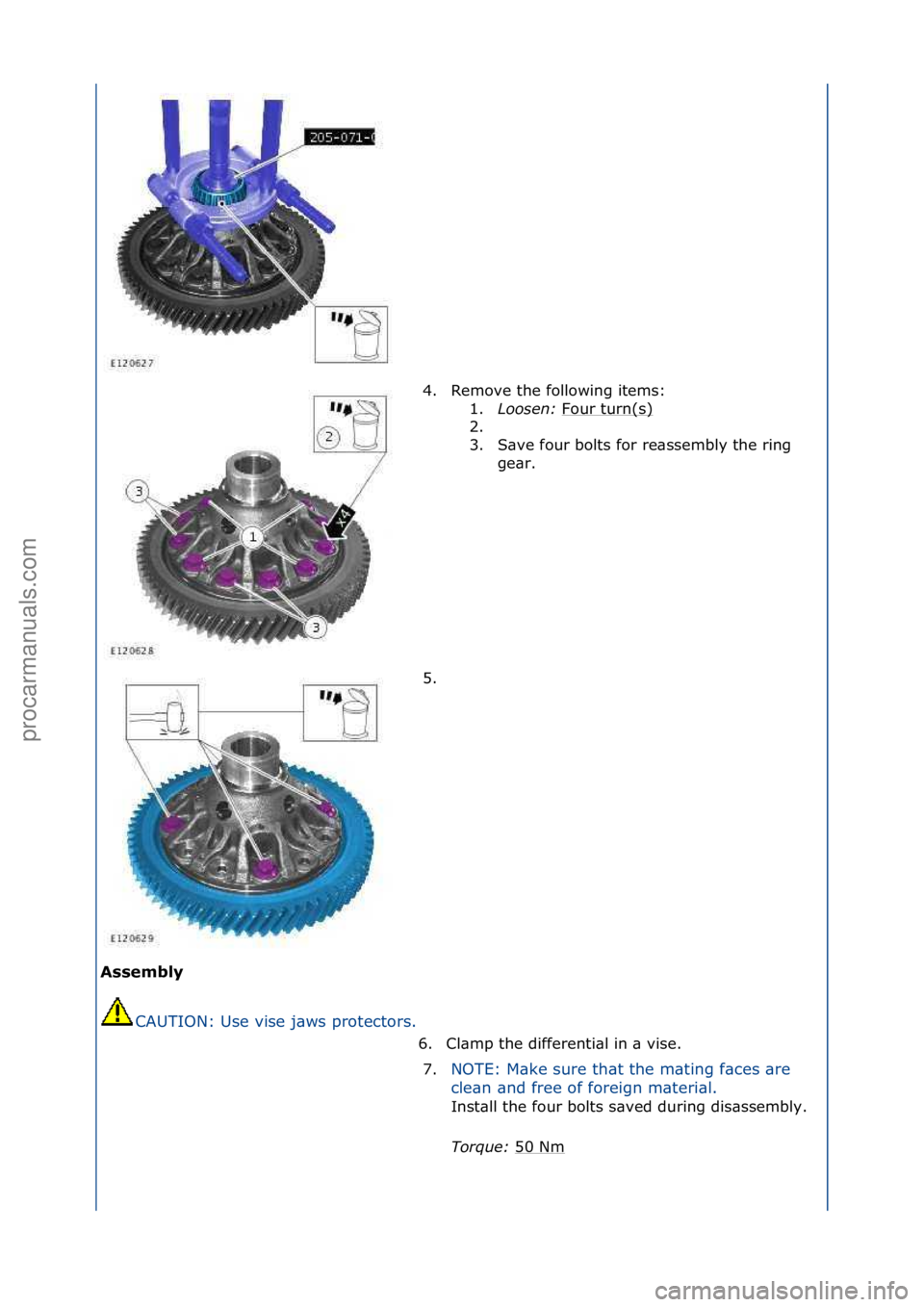 FORD GALAXY 2006  Service Repair Manual Assembly CAUTION:\fUse\fvise\fj\bws\fprotectors.\f 4. Remove\fthe\ffollowing\fitems:\f
1. L

oo\fen:\bFour\fturn(s)
\f
2. \f
3. S\bve\ffour\fbolts\ffor\fre\bssembly\fthe\fring\f ge\br.\f
5. \f
6. Cl\b