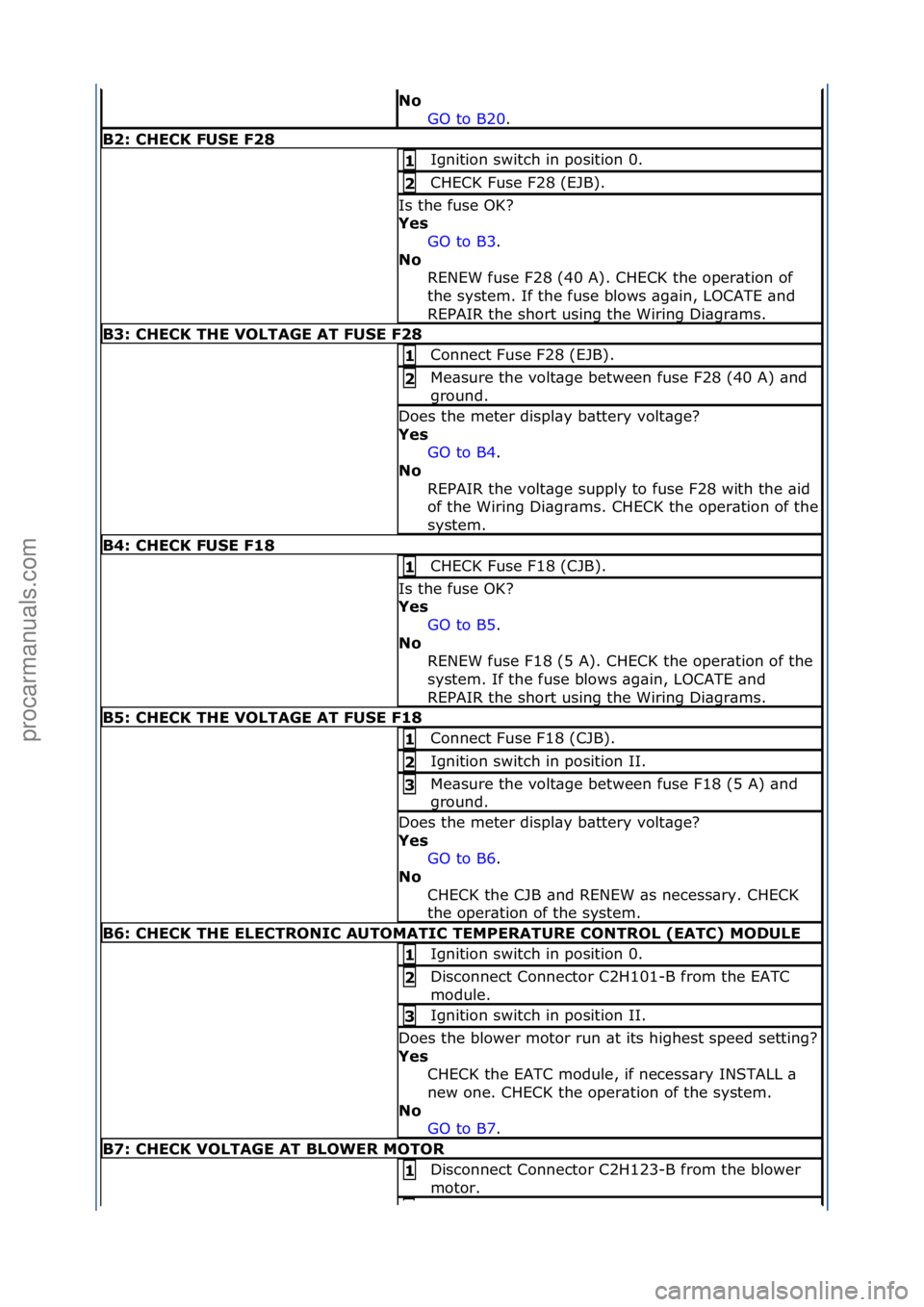 FORD GALAXY 2006 Service Repair Manual No\bGO\fto\fB20.\f\f
B2:\bCHECK\bFU\fE\bF28
Ignition\fswitch\fin\fposition\f0.\f1\b
CHECK\fFuse\fF28\f(EJB).\f2\b
Is\fthe\ffuse\fOK?\f
Yes\b
GO\fto\fB3.\f\f
No\b R
ENEW\ffuse\fF28\f(40\fA).\fCHECK\ft FORD GALAXY 2006 Service Repair Manual No\bGO\fto\fB20.\f\f
B2:\bCHECK\bFU\fE\bF28
Ignition\fswitch\fin\fposition\f0.\f1\b
CHECK\fFuse\fF28\f(EJB).\f2\b
Is\fthe\ffuse\fOK?\f
Yes\b
GO\fto\fB3.\f\f
No\b R
ENEW\ffuse\fF28\f(40\fA).\fCHECK\ft