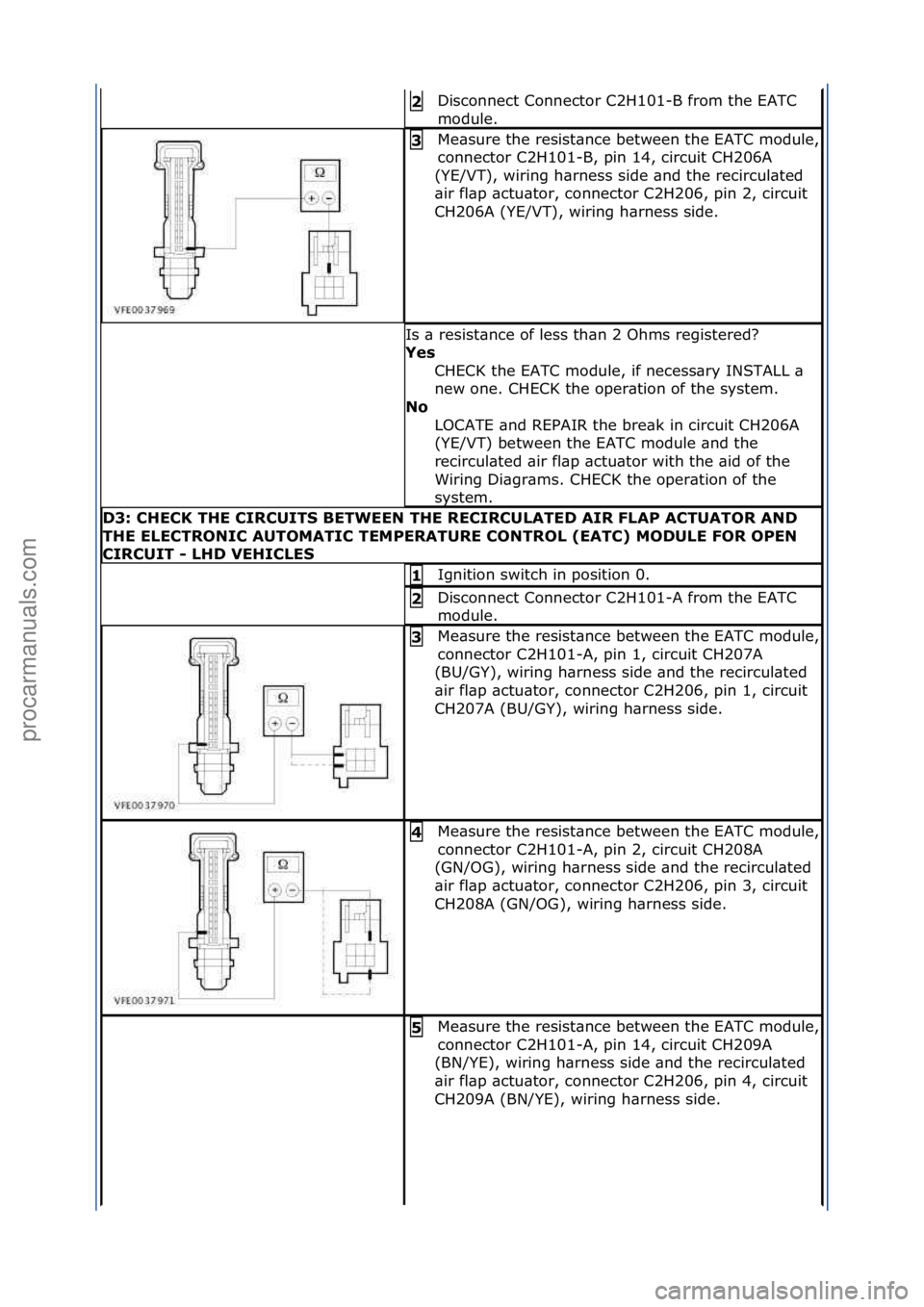 FORD GALAXY 2006 Service Repair Manual Disconnect\fConnector\fC2H101-B\ffrom\fthe\fEATC\f
module.\f2\b
Me\bsure\fthe\fresist\bnce\fbetween\fthe\fEATC\fmodule,\f
connector\fC2H101-B,\fpin\f14,\fcircuit\fCH206A\f
(YE/VT),\fwiring\fh\brness\f FORD GALAXY 2006 Service Repair Manual Disconnect\fConnector\fC2H101-B\ffrom\fthe\fEATC\f
module.\f2\b
Me\bsure\fthe\fresist\bnce\fbetween\fthe\fEATC\fmodule,\f
connector\fC2H101-B,\fpin\f14,\fcircuit\fCH206A\f
(YE/VT),\fwiring\fh\brness\f