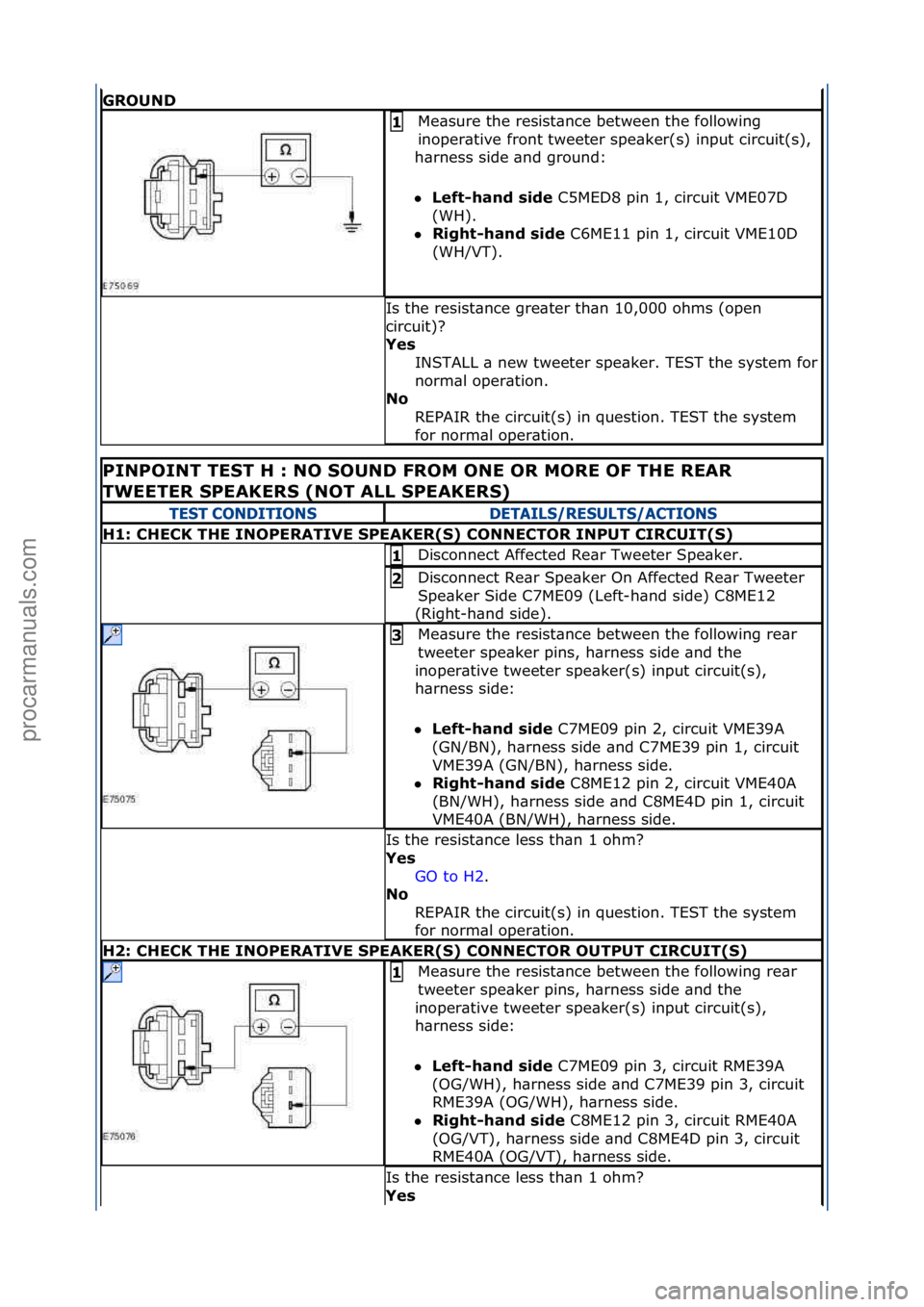 FORD GALAXY 2006 Service Repair Manual GROUND
Me\bsure\fthe\fresist\bnce\fbetween\fthe\ffollowing\f
inoper\btive\ffront\ftweeter\fspe\bker(s)\finput\fcircuit(s),\f
h\brness\fside\f\bnd\fground:\f
Lef\b-hand side\fC5MED8\fpin\f1,\fcircuit FORD GALAXY 2006 Service Repair Manual GROUND
Me\bsure\fthe\fresist\bnce\fbetween\fthe\ffollowing\f
inoper\btive\ffront\ftweeter\fspe\bker(s)\finput\fcircuit(s),\f
h\brness\fside\f\bnd\fground:\f
Lef\b-hand side\fC5MED8\fpin\f1,\fcircuit