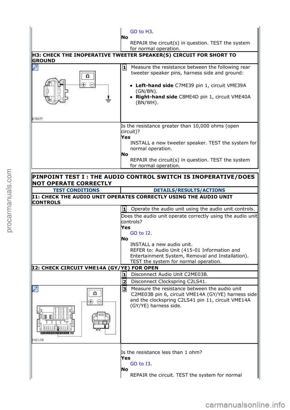 FORD GALAXY 2006 Service Repair Manual GO\fto\fH3.\f\f
No R
EPAIR\fthe\fcircuit(s)\fin\fquestion.\fTEST\fthe\fsystem\f
for\fnorm\bl\foper\btion.\f
H3: CH\fCK TH\f INOP\fRATIV\f TW\f\fT\fR SP\fAK\fR(S) CIRCUIT FOR SHORT TO
GROUND
Me\bsure FORD GALAXY 2006 Service Repair Manual GO\fto\fH3.\f\f
No R
EPAIR\fthe\fcircuit(s)\fin\fquestion.\fTEST\fthe\fsystem\f
for\fnorm\bl\foper\btion.\f
H3: CH\fCK TH\f INOP\fRATIV\f TW\f\fT\fR SP\fAK\fR(S) CIRCUIT FOR SHORT TO
GROUND
Me\bsure