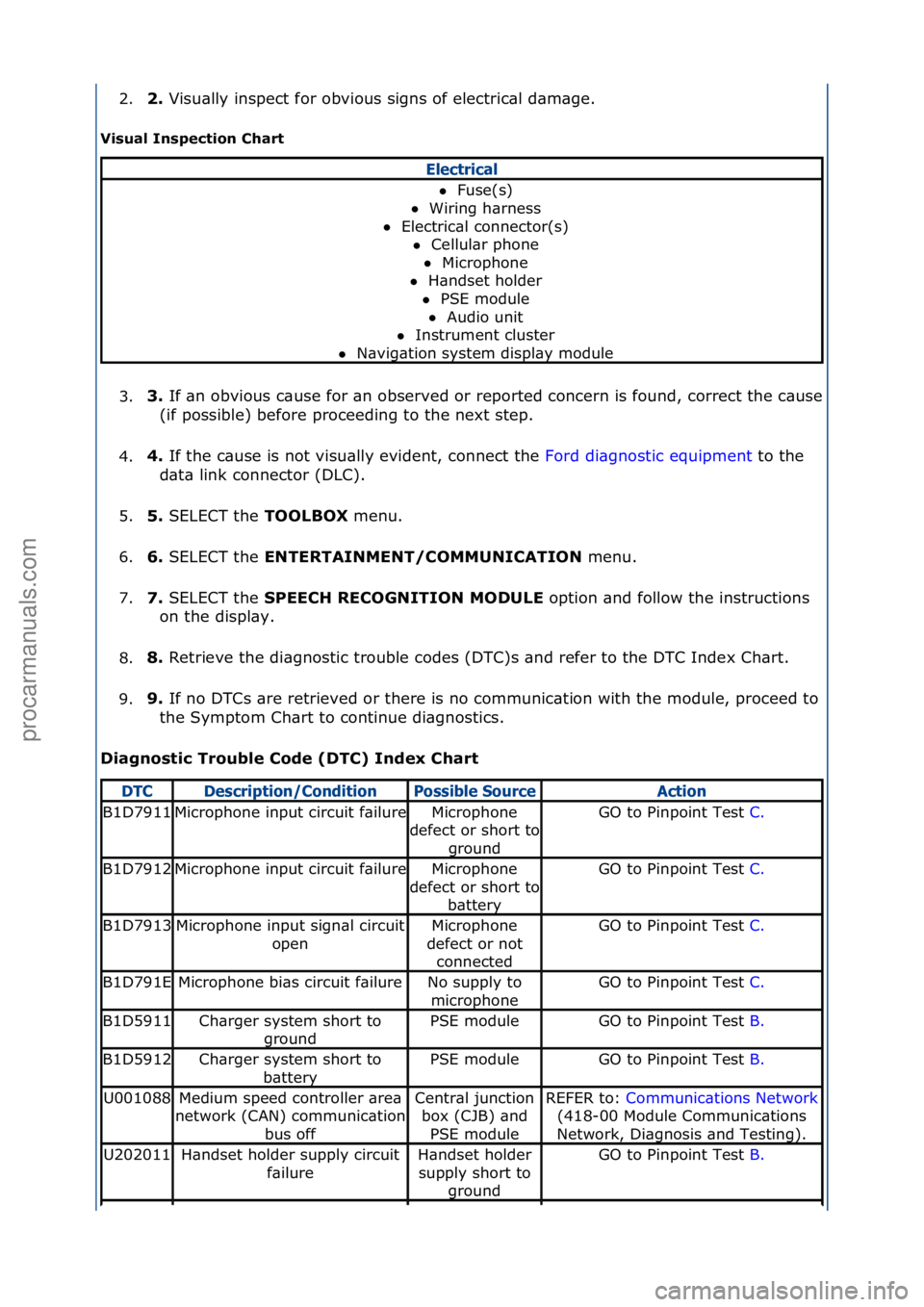 FORD GALAXY 2006  Service Repair Manual 2.2. 
Visu\blly\finspect\ffor\fobvious\fsigns\fof\felectric\bl\fd\bm\bge.\f
V
isual Inspec\bion Char\b 
3. 3. 
If\f\bn\fobvious\fc\buse\ffor\f\bn\fobserved\for\freported\fconcern\fis\ffound,\fcorrect\