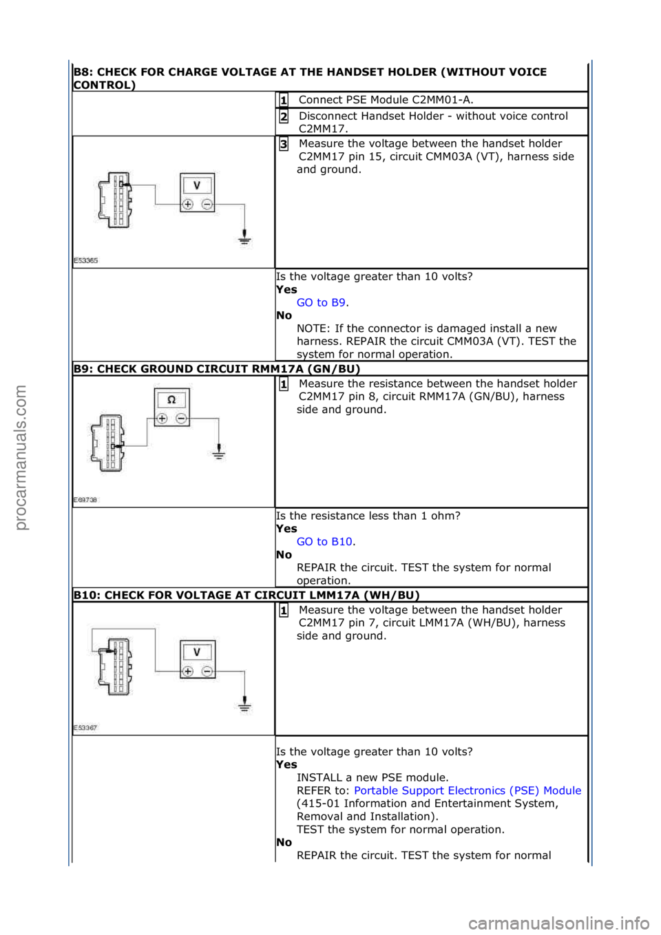 FORD GALAXY 2006  Service Repair Manual B8: CH\fCK FOR CHARG\f VOLTAG\f AT TH\f HANDS\fT HOLD\fR (WITHOUT VOIC\f 
CONTROL)
Connect\fPSE\fModule\fC2MM01-A.\f1 
Disconnect\fH\bndset\fHolder\f-\fwithout\fvoice\fcontrol\f
C2MM17.\f2 
Me\bsure\f