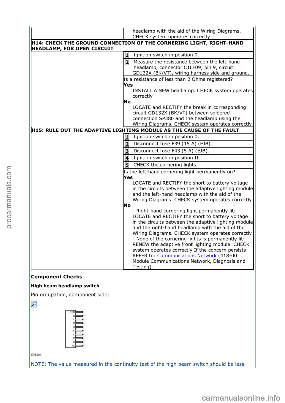FORD GALAXY 2006  Service Repair Manual Compo\fe\ft\bChecks\b
High\bbeam\bheadlamp\bswitch\b
Pin\foccup\btion,\fcomponent\fside:\f
NO
TE:\fThe\fv\blue\fme\bsured\fin\fthe\fcontinuity\ftest\fof\fth e
 \fhigh\fbe\bm\fswitch\fshould\fbe\fless\