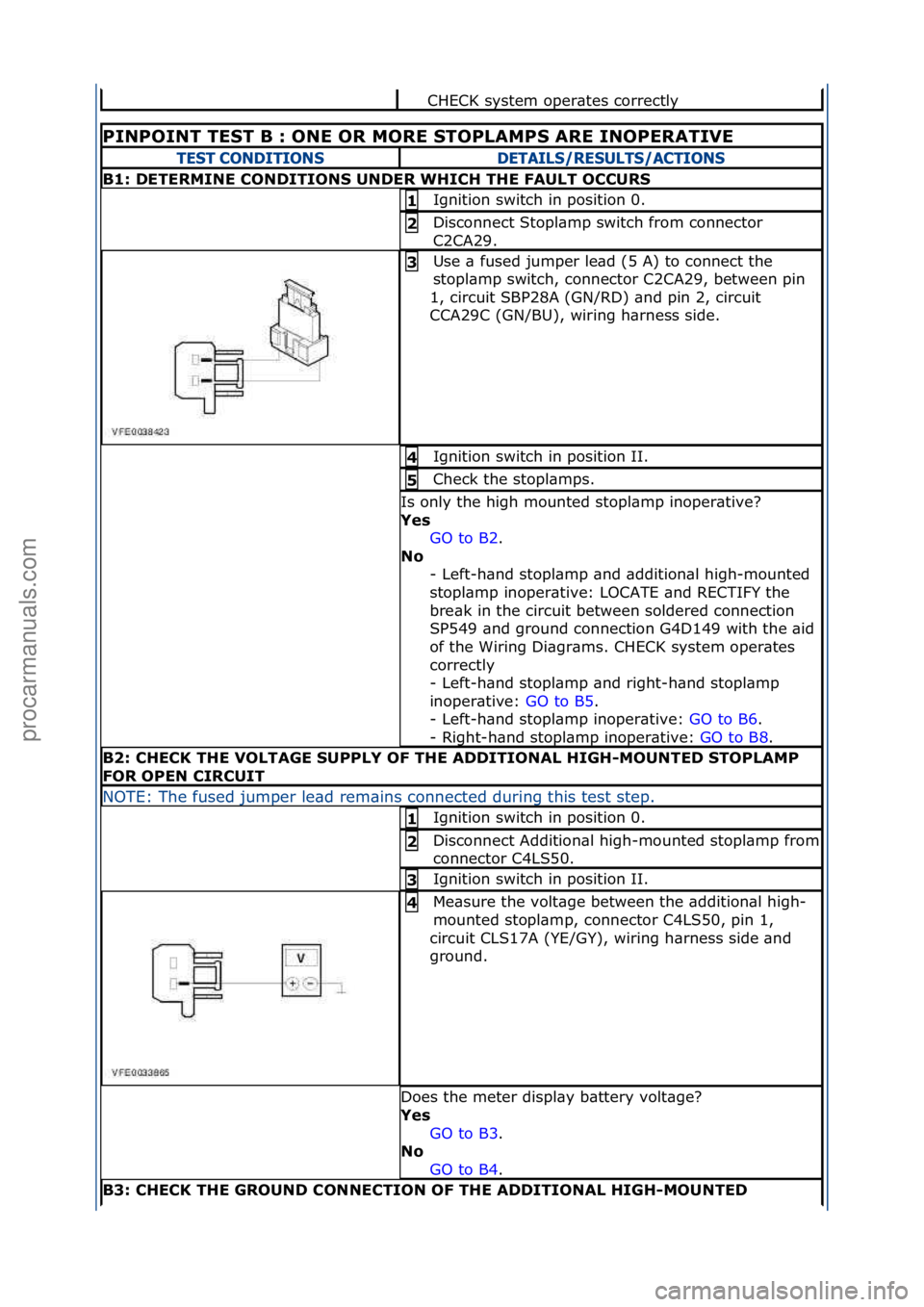 FORD GALAXY 2006 Service Repair Manual CHECK\fsystem\foper\btes\fcorrectly\f
PINPOINT\bTEST\bB\b:\bONE\bOR\bMORE\bSTOPLAMPS\bARE\bINOPERATIVE\b
TE\fT CONDITION\fDETAIL\f/RE\fULT\f/ACTION\f
B1:\bDETERMINE\bCONDITIONS\bUNDER\bWHICH\bTHE\bFAU FORD GALAXY 2006 Service Repair Manual CHECK\fsystem\foper\btes\fcorrectly\f
PINPOINT\bTEST\bB\b:\bONE\bOR\bMORE\bSTOPLAMPS\bARE\bINOPERATIVE\b
TE\fT CONDITION\fDETAIL\f/RE\fULT\f/ACTION\f
B1:\bDETERMINE\bCONDITIONS\bUNDER\bWHICH\bTHE\bFAU