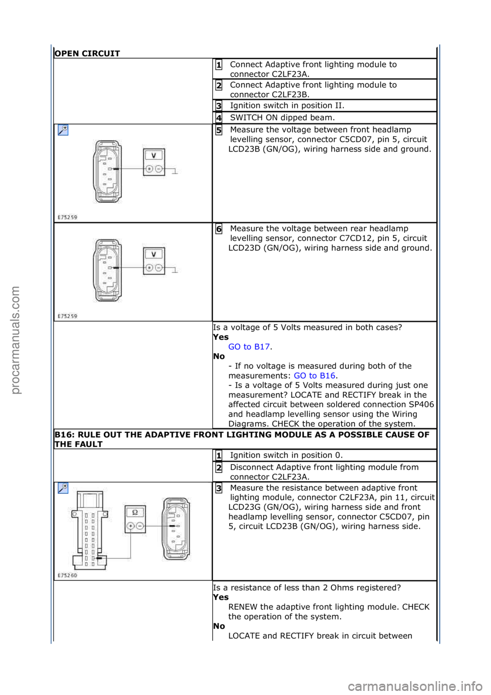 FORD GALAXY 2006  Service Repair Manual OPEN\bCIRCUIT
Connect\fAd\bptive\ffront\flighting\fmodule\fto\f
connector\fC2LF23A.\f1\b
Connect\fAd\bptive\ffront\flighting\fmodule\fto\f
connector\fC2LF23B.\f2\b
Ignition\fswitch\fin\fposition\fII.\