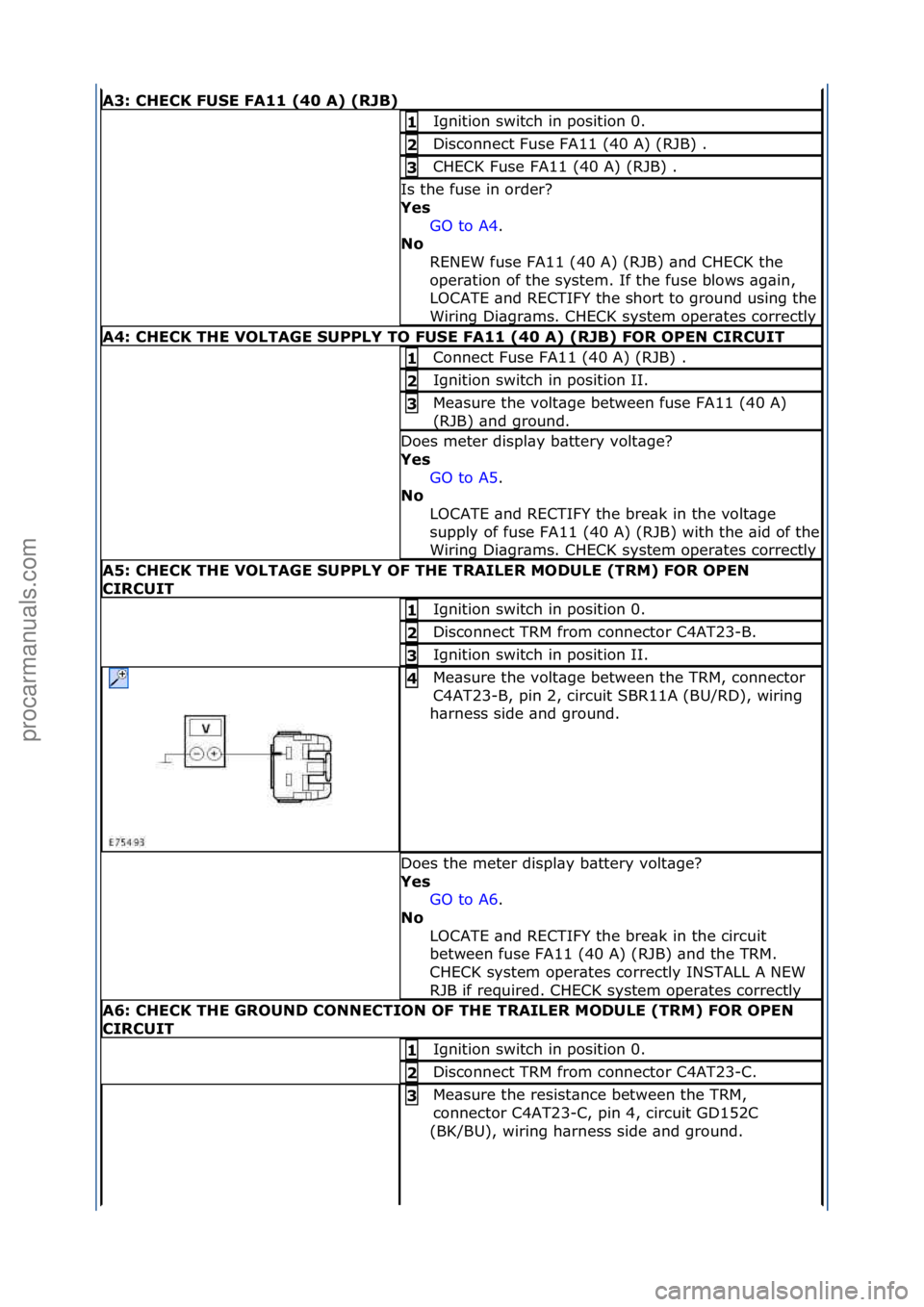 FORD GALAXY 2006 Service Repair Manual A3:\bCHECK\bFUSE\bFA11\b(40\bA)\b(RJB)\b
Ignition\fswitch\fin\fposition\f0.\f1\b
Disconnect\fFuse\fFA11\f(40\fA)\f(RJB)\f.\f2\b
CHECK\fFuse\fFA11\f(40\fA)\f(RJB)\f.\f3\b
Is\fthe\ffuse\fin\forder?\f
Ye FORD GALAXY 2006 Service Repair Manual A3:\bCHECK\bFUSE\bFA11\b(40\bA)\b(RJB)\b
Ignition\fswitch\fin\fposition\f0.\f1\b
Disconnect\fFuse\fFA11\f(40\fA)\f(RJB)\f.\f2\b
CHECK\fFuse\fFA11\f(40\fA)\f(RJB)\f.\f3\b
Is\fthe\ffuse\fin\forder?\f
Ye
