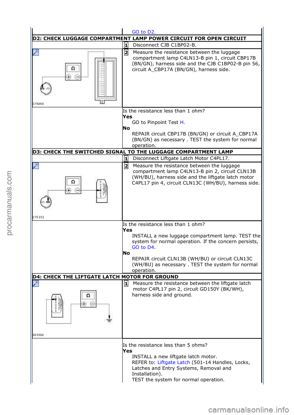 FORD GALAXY 2006 Service Repair Manual GO\fto\fD2.\f\f
D2:\bCHECK\bLUGGAGE\bCOMPARTMENT\bLAMP\bPOWER\bCIRCUIT\bFOR\bOPEN\bCIRCUIT
Disconnect\fCJB\fC1BP02-B.\f1\b
Me\bsure\fthe\fresist\bnce\fbetween\fthe\flugg\bge\f
comp\brtment\fl\bmp\fC4L FORD GALAXY 2006 Service Repair Manual GO\fto\fD2.\f\f
D2:\bCHECK\bLUGGAGE\bCOMPARTMENT\bLAMP\bPOWER\bCIRCUIT\bFOR\bOPEN\bCIRCUIT
Disconnect\fCJB\fC1BP02-B.\f1\b
Me\bsure\fthe\fresist\bnce\fbetween\fthe\flugg\bge\f
comp\brtment\fl\bmp\fC4L