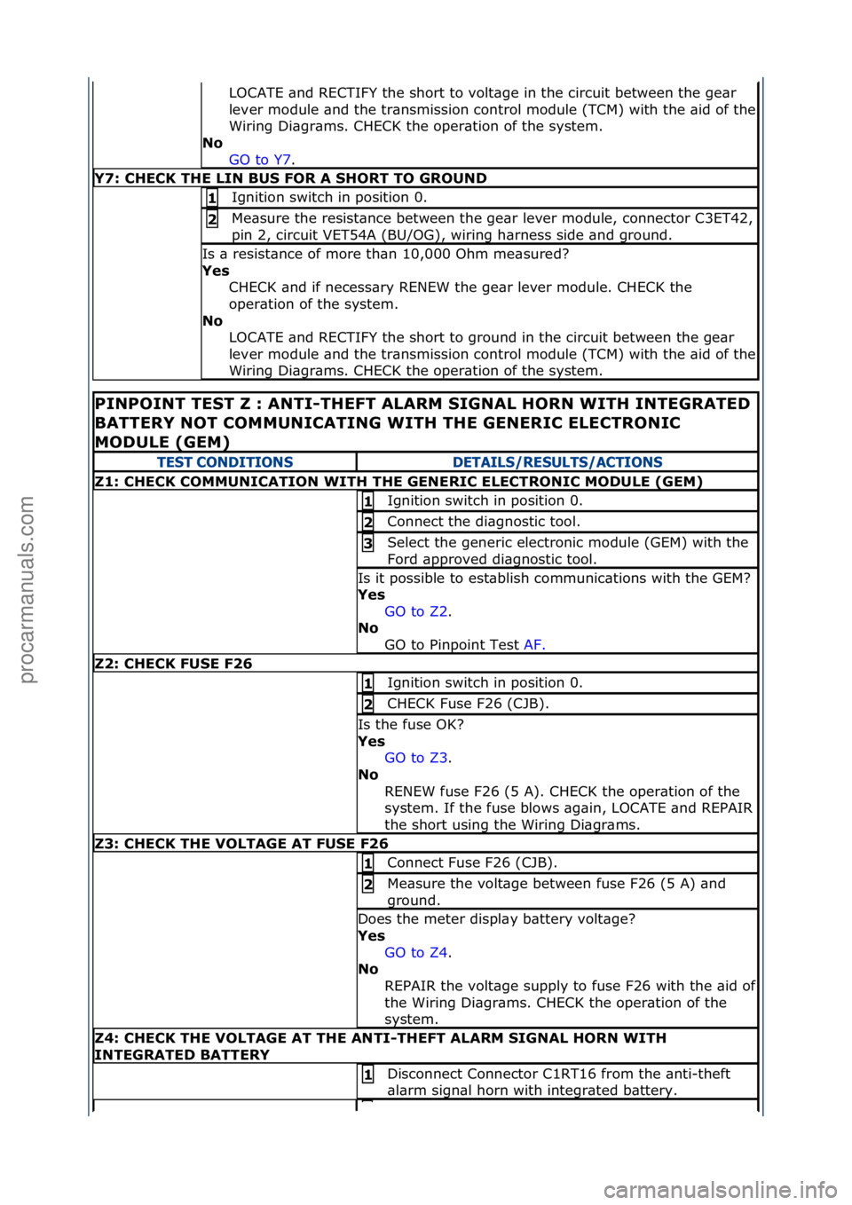 FORD GALAXY 2006  Service Repair Manual LOCATE\f\bnd\fRECTIFY\fthe\fshort\fto\fvolt\bge\fin\fthe\fcircuit\fbetween\fthe\fge\br\f
lever\fmodule\f\bnd\fthe\ftr\bnsmission\fcontrol\fmodule\f(TCM)\fwith\fthe\f\bid\fof\fthe\f
Wiring\fDi\bgr\bms.