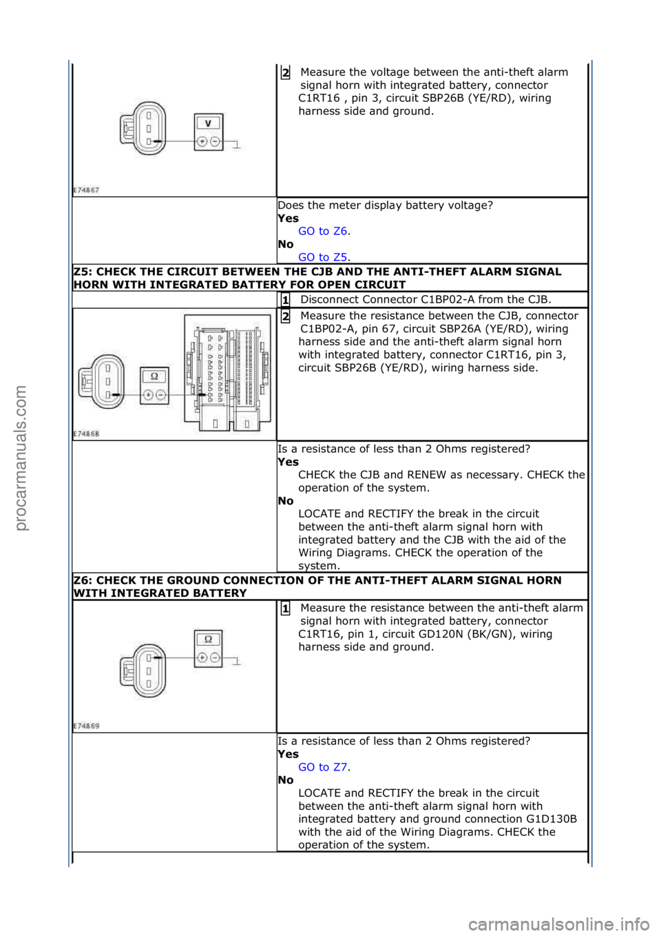 FORD GALAXY 2006  Service Repair Manual Me\bsure\fthe\fvolt\bge\fbetween\fthe\f\bnti-theft\f\bl\brm\f
sign\bl\fhorn\fwith\fintegr\bted\fb\bttery,\fconnector\f
C1RT16\f,\fpin\f3,\fcircuit\fSBP26B\f(YE/RD),\fwiring\f
h\brness\fside\f\bnd\fgro