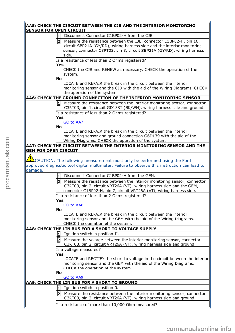 FORD GALAXY 2006  Service Repair Manual AA5: \bHE\bK THE \bIR\bUIT BETWEEN THE \bJB AND THE INTERIOR MONITORING 
SENSOR FOR OPEN \bIR\bUIT
Disconnect\fConnector\fC1BP02-H\ffrom\fthe\fCJB.\f1 
Me\bsure\fthe\fresist\bnce\fbetween\fthe\fCJB,\f