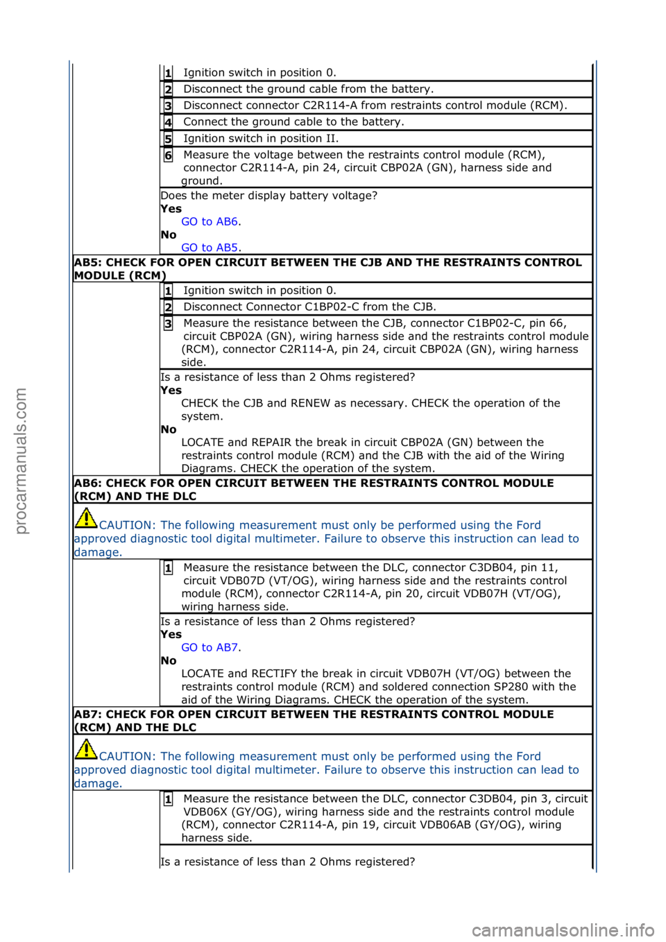 FORD GALAXY 2006  Service Repair Manual Ignition\fswitch\fin\fposition\f0.\f1 
Disconnect\fthe\fground\fc\bble\ffrom\fthe\fb\bttery.\f2 
Disconnect\fconnector\fC2R114-A\ffrom\frestr\bints\fcontrol\fmodule\f(RCM).\f3 
Connect\fthe\fground\fc