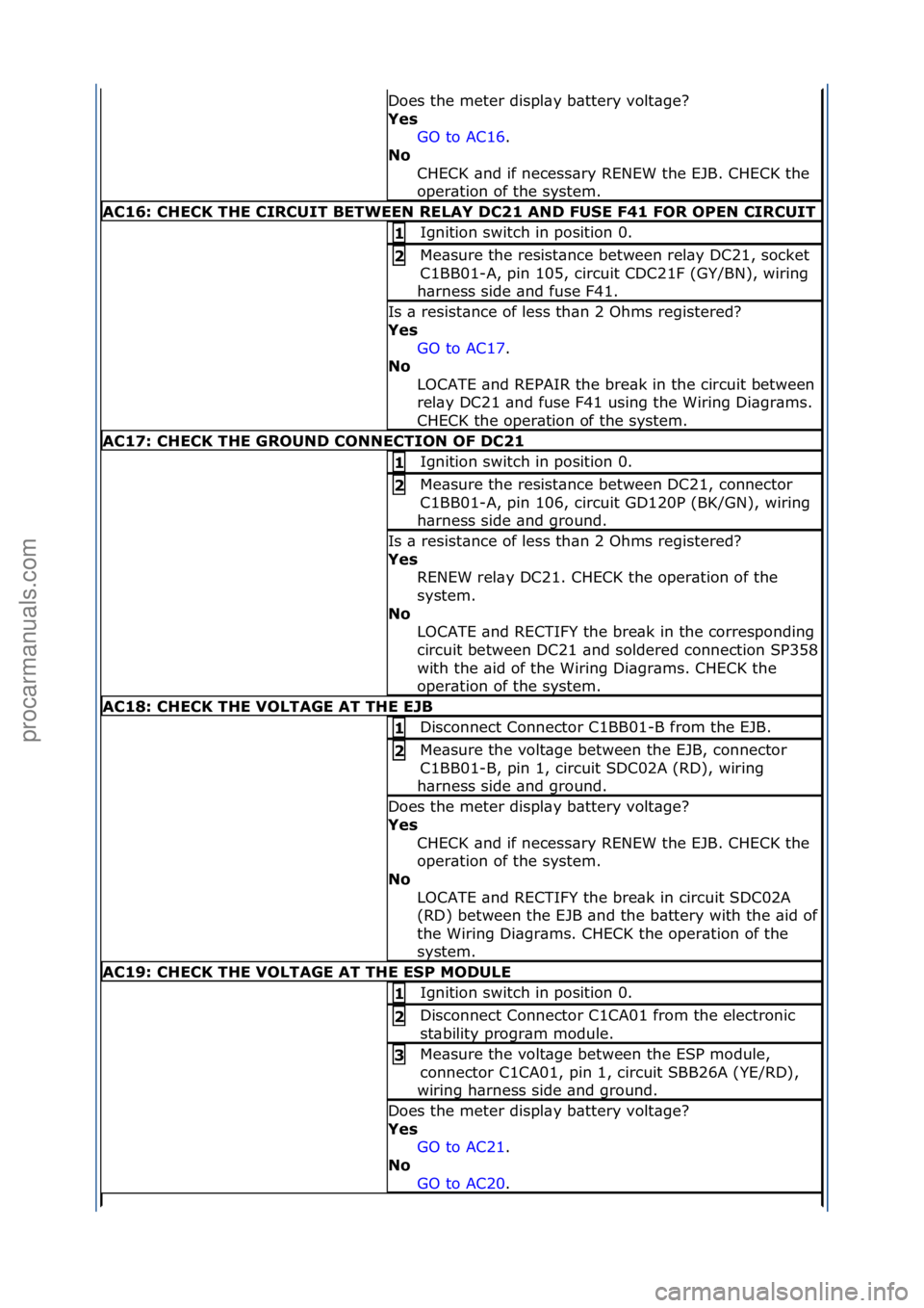 FORD GALAXY 2006  Service Repair Manual Does\fthe\fmeter\fdispl\by\fb\bttery\fvolt\bge?\f
Yes GO\fto\fAC16.\f\f
No 
C

HECK\f\bnd\fif\fnecess\bry\fRENEW\fthe\fEJB.\fCHECK\fthe\f
oper\btion\fof\fthe\fsystem.\f
A\b16: \bHE\bK THE \bIR\bUIT BE