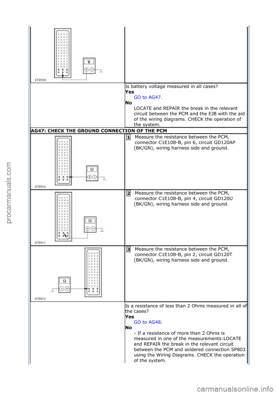 FORD GALAXY 2006  Service Repair Manual Is\fb\bttery\fvolt\bge\fme\bsured\fin\f\bll\fc\bses?\f
Yes GO\fto\fAG47.\f\f
No 
L

OCATE\f\bnd\fREPAIR\fthe\fbre\bk\fin\fthe\frelev\bnt\f
circuit\fbetween\fthe\fPCM\f\bnd\fthe\fEJB\fwith\fthe\f\bid\f