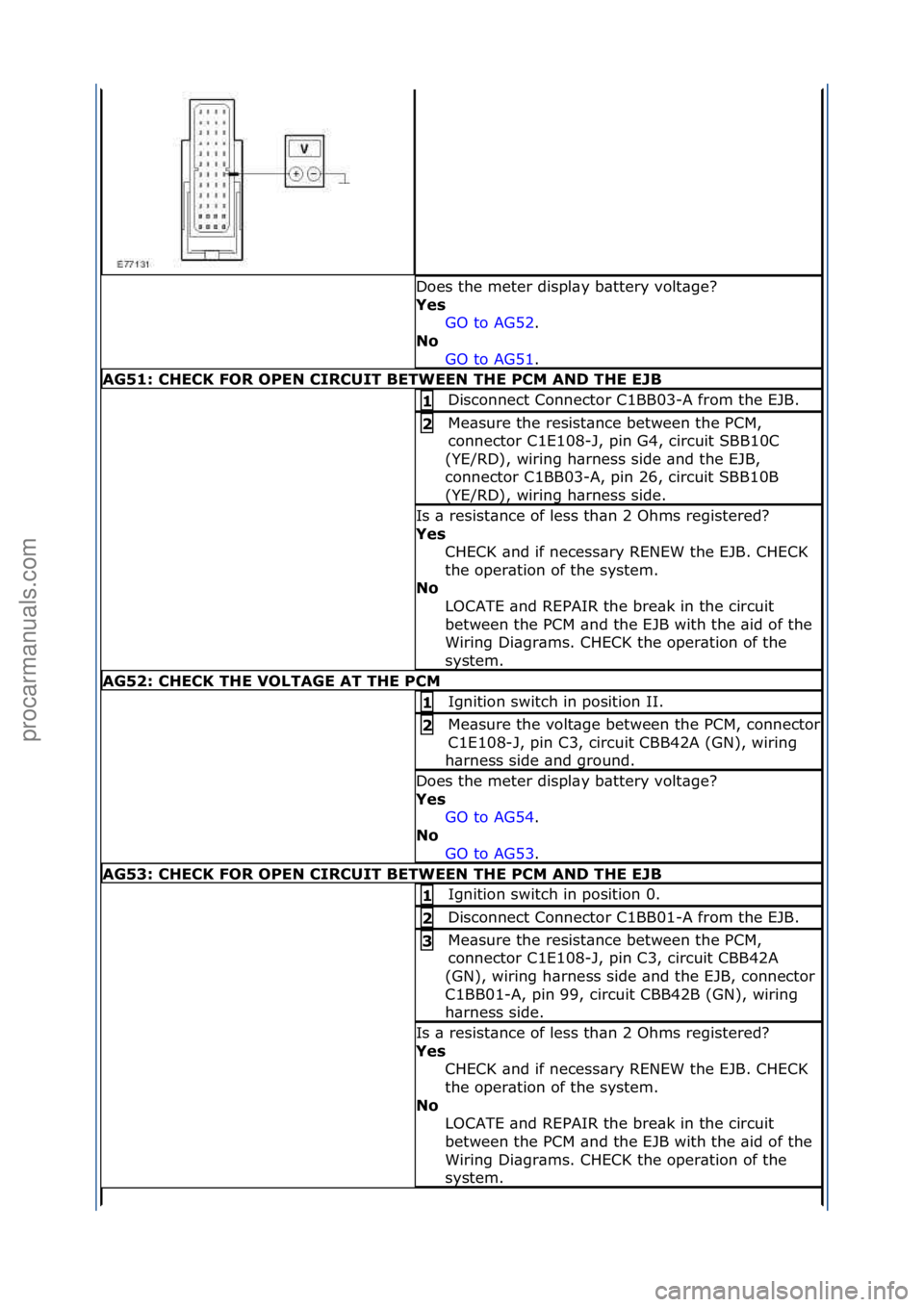 FORD GALAXY 2006  Service Repair Manual Does\fthe\fmeter\fdispl\by\fb\bttery\fvolt\bge?\f
Yes GO\fto\fAG52.\f\f
No 
GO

\fto\fAG51.\f\f
AG51: \bHE\bK FOR OPEN \bIR\bUIT BETWEEN THE P\bM AND THE EJB
Disconnect\fConnector\fC1BB03-A\ffrom\fthe