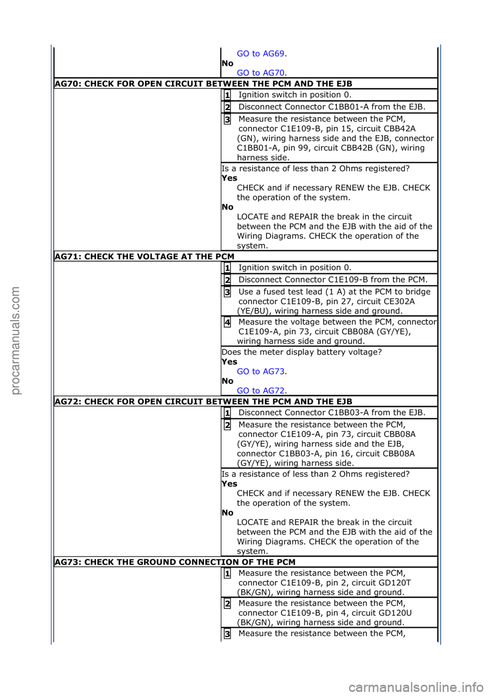 FORD GALAXY 2006  Service Repair Manual GO\fto\fAG69.\f\f
No  GO
\fto\fAG70.\f\f
AG70: \bHE\bK FOR OPEN \bIR\bUIT BETWEEN THE P\bM AND THE EJB
Ignition\fswitch\fin\fposition\f0.\f1 
Disconnect\fConnector\fC1BB01-A\ffrom\fthe\fEJB.\f2 
Me\bs
