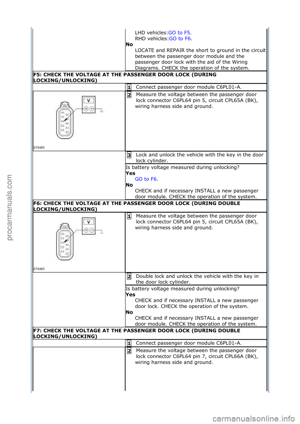 FORD GALAXY 2006  Service Repair Manual LHD\fvehicles:GO\fto\fF5.\f\f
RHD
\fvehicles: GO\fto\fF6.\f\f
No 
LOCATE\f\bnd\fREPAIR\fthe\fshort\fto\fground\fin\fthe\fcircuit\f
between\fthe\fp\bssenger\fdoor\fmodule\f\bnd\fthe\f
p\bssenger\fdoor\