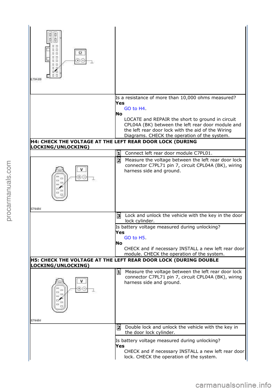 FORD GALAXY 2006  Service Repair Manual Is\f\b\fresist\bnce\fof\fmore\fth\bn\f10,000\fohms\fme\bsured?\f
Y\fs GO\fto\fH4 .\f\f
No  
L

OCATE\f\bnd\fREPAIR\fthe\fshort\fto\fground\fin\fcircuit\f
CPL04A\f(BK)\fbetween\fthe\fleft\fre\br\fdoor\