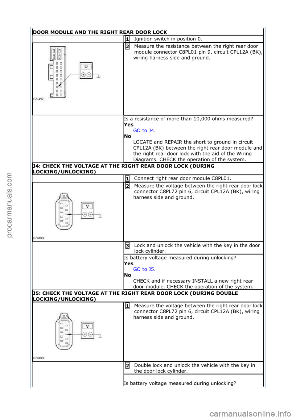 FORD GALAXY 2006  Service Repair Manual DOOR MODULE AND THE RIGHT REAR DOOR LOCK
Ignition\fswitch\fin\fposition\f0.\f1 
Me\bsure\fthe\fresist\bnce\fbetween\fthe\fright\fre\br\fdoor\f
module\fconnector\fC8PL01\fpin\f9,\fcircuit\fCPL12A\f(BK)