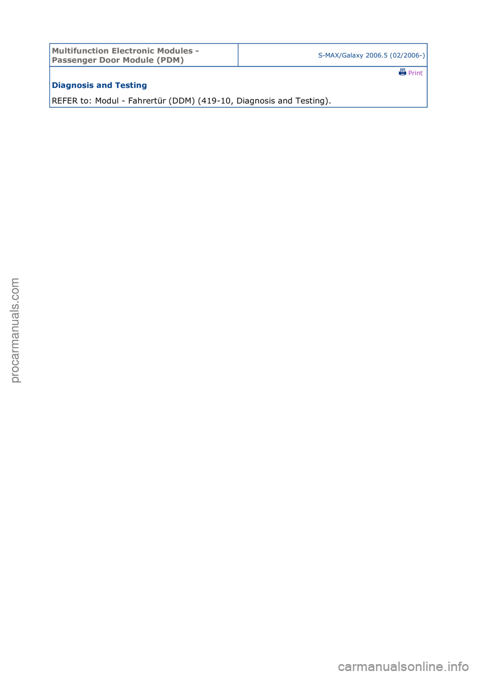 FORD GALAXY 2006  Service Repair Manual Multifun\btion El\f\btroni\b Modul\fs - 
Pass\fng\fr Door Modul\f (PDM)S-MAX/G\bl\bxy\f2006.5\f(02/2006-)\fPrint \f
Diagnosis and T\fsting 
REFER\fto:\fModul\f-\fF\bhrertür\f(DDM)\f(419-10,\fDi\bgnos