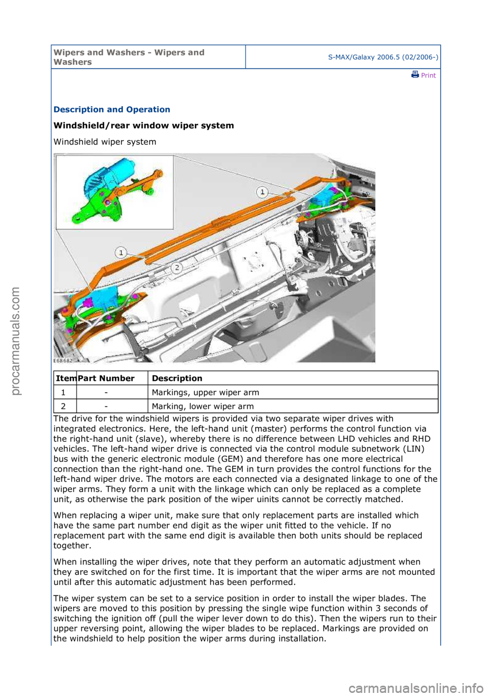 FORD GALAXY 2006  Service Repair Manual Wipers \bnd W\bshers \f Wipers \bnd 
W\bshersS-MAX/G\bl\bxy\f2006.5\f(02/2006-)\fPrint \f
Description \bnd Oper\btion 
Windshield/re\br window wiper system 
Win

dshield\fwiper\fsystem\f
\f\f
Descript