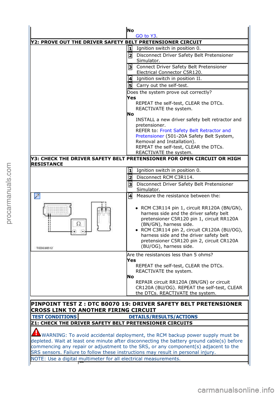 FORD GALAXY 2006  Service Repair Manual No GO\fto\fY3.\f\f
Y2: PROVE OUT THE DRIVER SAFETY BELT PRETENSIONER CIRCUIT
Ignition\fswitch\fin\fposition\f0.\f1 
Disconnect\fDriver\fS\bfety\fBelt\fPretensioner\f
Simul\btor.\f2 
Connect\fDriver\fS