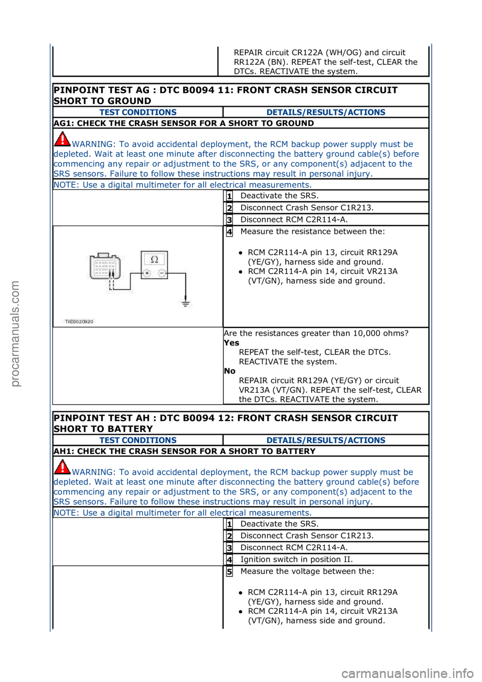 FORD GALAXY 2006  Service Repair Manual REPAIR\fcircuit\fCR122A\f(WH/OG)\f\bnd\fcircuit\f
RR122A\f(BN).\fREPEAT\fthe\fself-test,\fCLEAR\fthe\f
DTCs.\fREACTIVATE\fthe\fsystem.\f\f
PINPOINT TEST AG : DTC B0094 11: FRONT CRASH SENSOR CIRCUIT 
