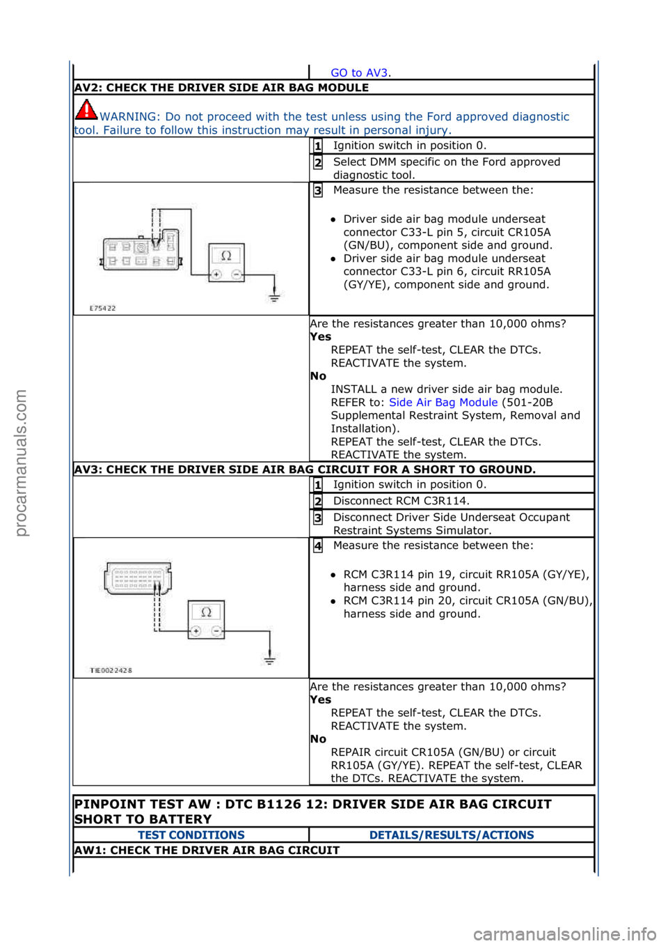 FORD GALAXY 2006  Service Repair Manual GO\fto\fAV3.\f\f
AV2: CHECK THE DRIVER SIDE AIR BAG MODULE
WARNING:\fDo\fnot\fproceed\fwith\fthe\ftest\funless\fusing\fthe\fFord\f\bpproved\fdi\bgnostic\f
tool.\fF\bilure\fto\ffollow\fthis\finstructio