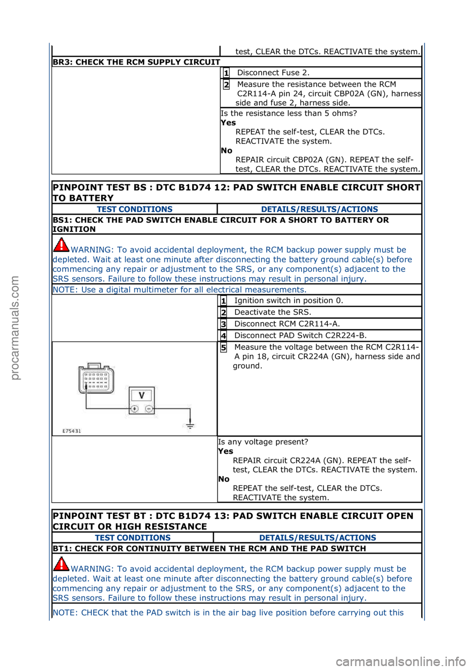 FORD GALAXY 2006  Service Repair Manual test,\fCLEAR\fthe\fDTCs.\fREACTIVATE\fthe\fsystem.\f
BR3: CHECK THE RCM SUPPLY CIRCUIT
Disconnect\fFuse\f2.\f1 
Me\bsure\fthe\fresist\bnce\fbetween\fthe\fRCM\f
C2R114-
A\fpin\f24,\fcircuit\fCBP02A\f(G