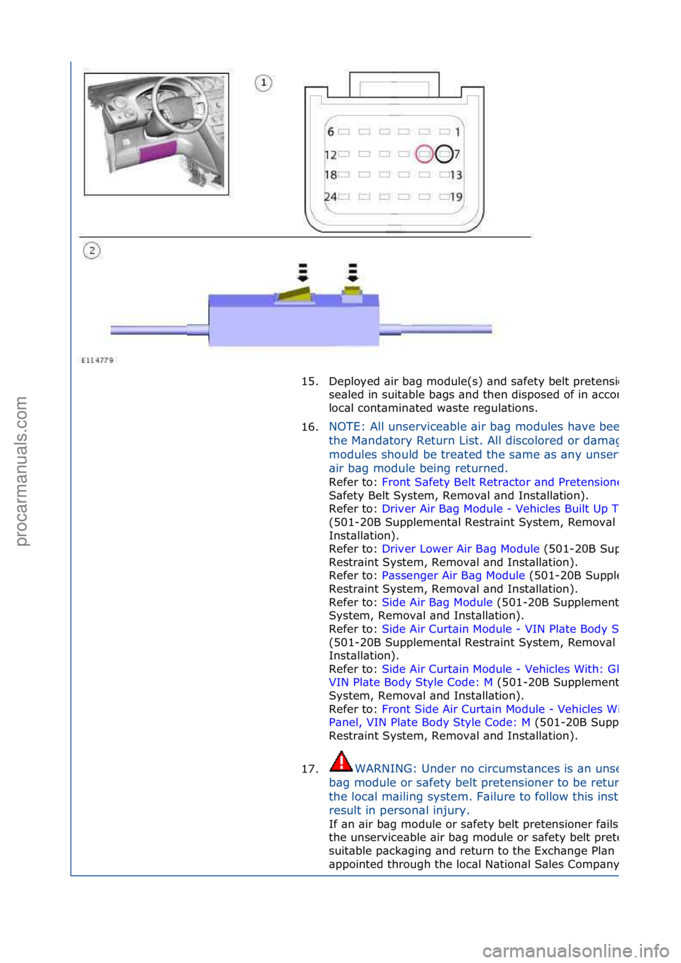 FORD GALAXY 2006  Service Repair Manual 15.Deployed\f\bir\fb\bg\fmodule(s)\f\bnd\fs\bfety\fbelt\fpretensioners\fshould\fbe\f
se\bled\fin\fsuit\bble\fb\bgs\f\bnd\fthen\fdisposed\fof\fin\f\bccord\bnce\fwith\f
loc\bl\fcont\bmin\bted\fw\bste\fr