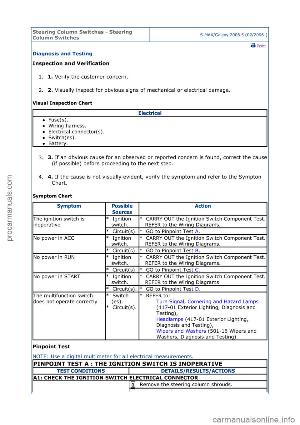 FORD GALAXY 2006  Service Repair Manual Steering\bCol\fmn\bSwitches\b-\bSteering\b
Col\fmn\bSwitchesS-MAX/G\bl\bxy\f2006.5\f(02/2006-)\fPrint \f
Diagnosis\band\bTesting\b
Inspection\band\bVerification\b
1. 1.\b
Verify\fthe\fcustomer\fconcer