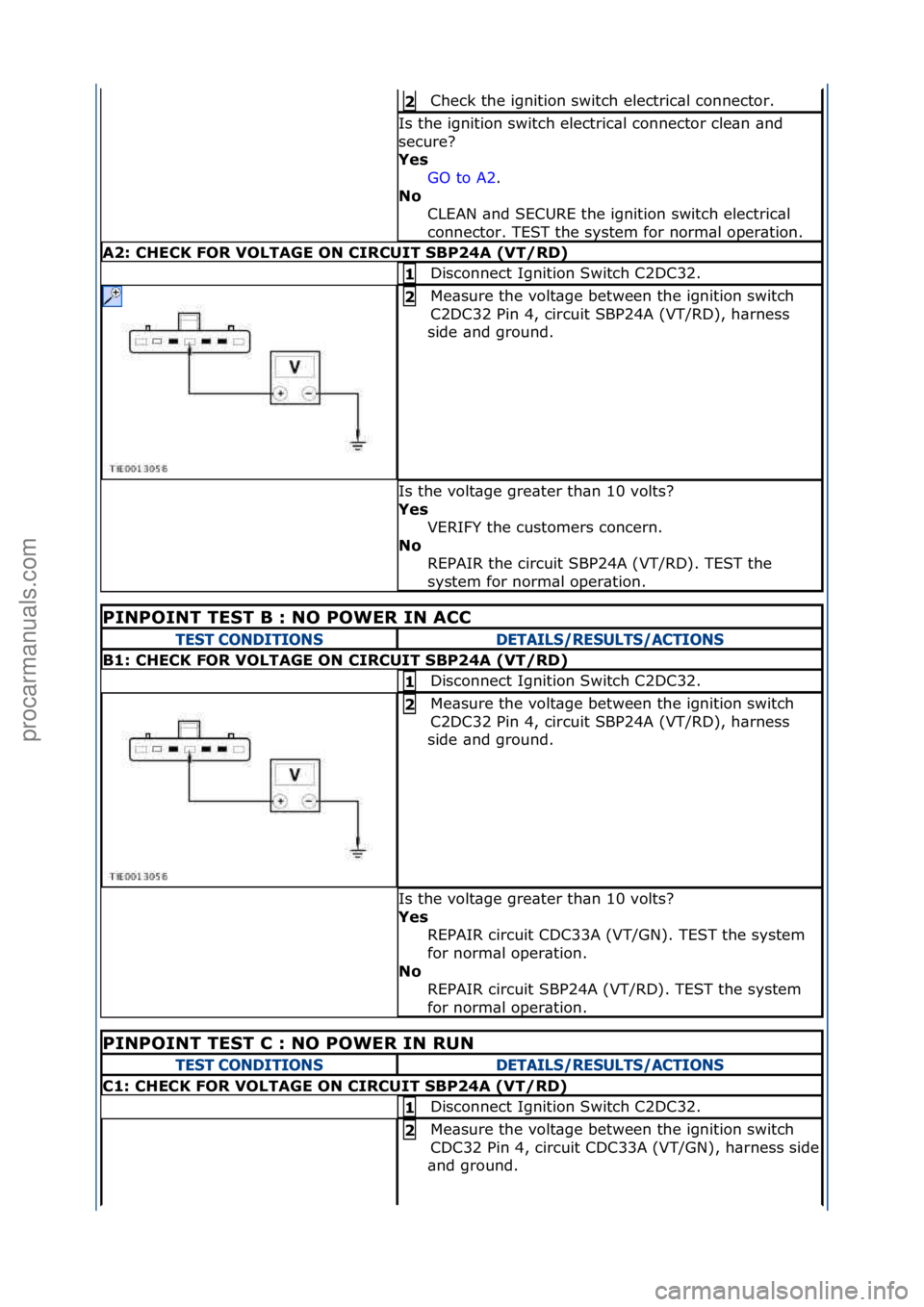 FORD GALAXY 2006  Service Repair Manual Check\fthe\fignition\fswitch\felectric\bl\fconnector.\f2\b
Is\fthe\fignition\fswitch\felectric\bl\fconnector\fcle\bn\f\bnd\f
secure?\f
Yes\bGO\fto\fA2.\f\f
No\b C

LEAN\f\bnd\fSECURE\fthe\fignition\fs