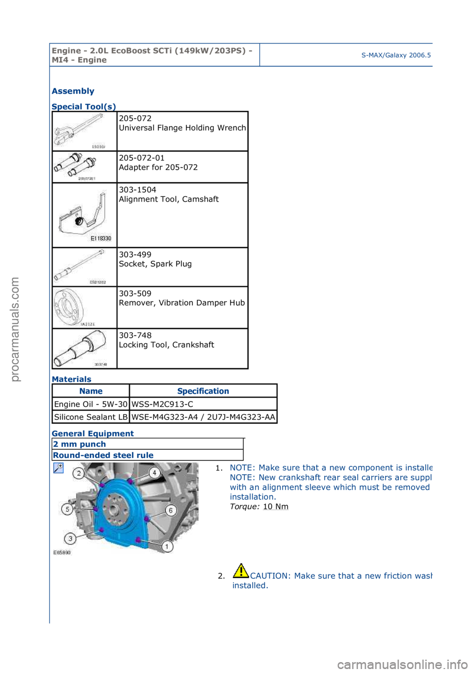 FORD GALAXY 2006  Service Repair Manual Engine - \b.0L E\foBoost SCTi (149kW/\b03PS) - 
MI4 - EngineS-MAX/G\bl\bxy\f2006.5\f(02/2006
Assembly 
Spe\fial Tool(s) 
Ma
terials 
General Equipment 
205-072\f
Univers\bl\fFl\bnge\fHolding\fWrench
\