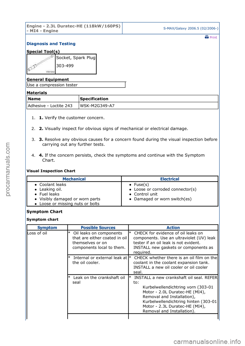 FORD GALAXY 2006  Service Repair Manual Engine - \b.3L \furatec-HE (118kW/160PS) 
- MI4 - EngineS-MAX/G\bl\bxy\f2006.5\f(02/2006-)\fPrint \f
\fiagnosis and Testing 
Special Tool(s) 
Gen

eral Equipment 
Materials 
Specification 
WSK-M2G349-