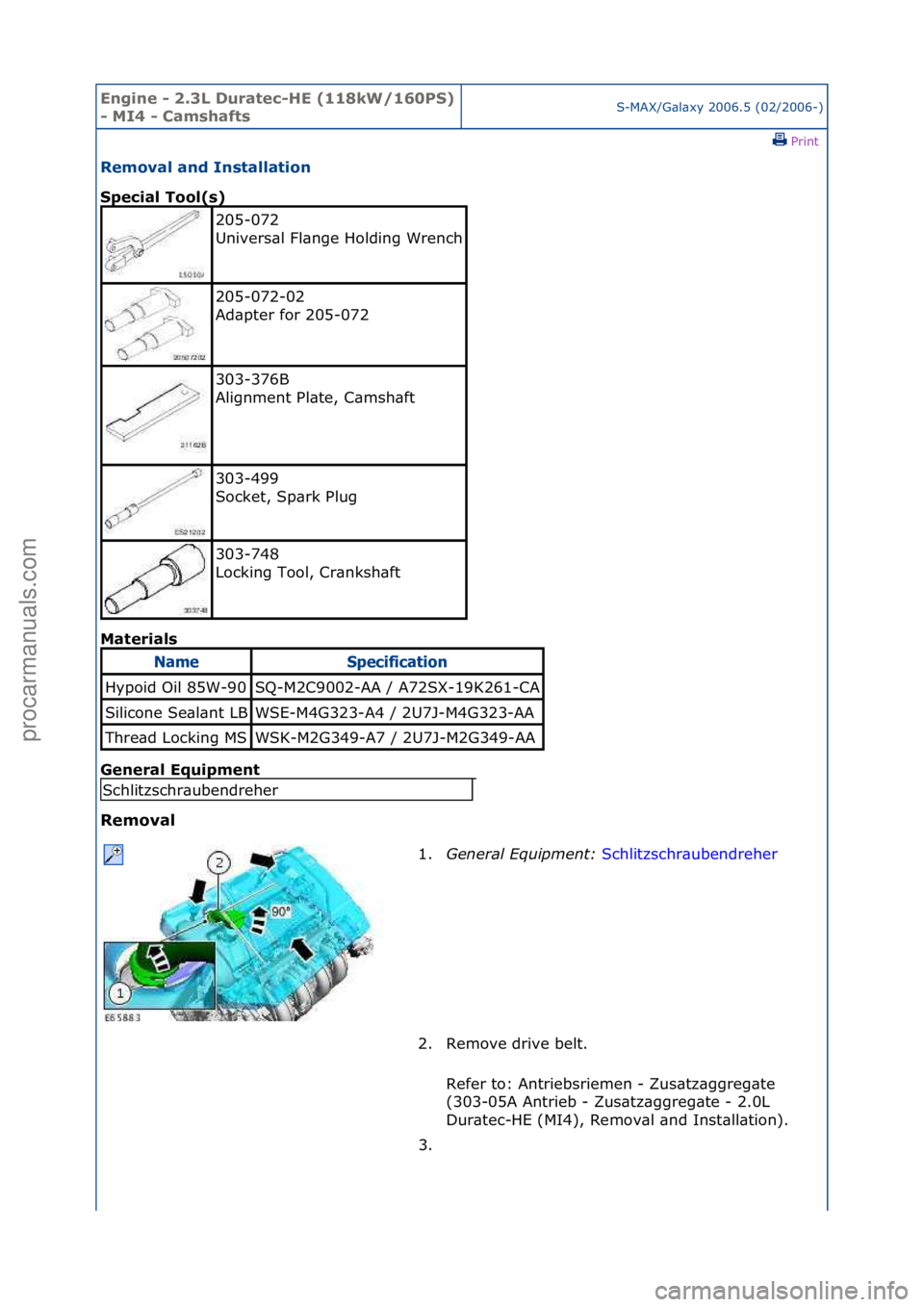 FORD GALAXY 2006  Service Repair Manual Engine - \b.3L \furatec-HE (118kW/160PS) 
- MI4 - CamshaftsS-MAX/G\bl\bxy\f2006.5\f(02/2006-)\fPrint \f
Removal and Installation 
Special Tool(s) 
Mat

erials 
General Equipment 
Removal 
205-072\f
Un