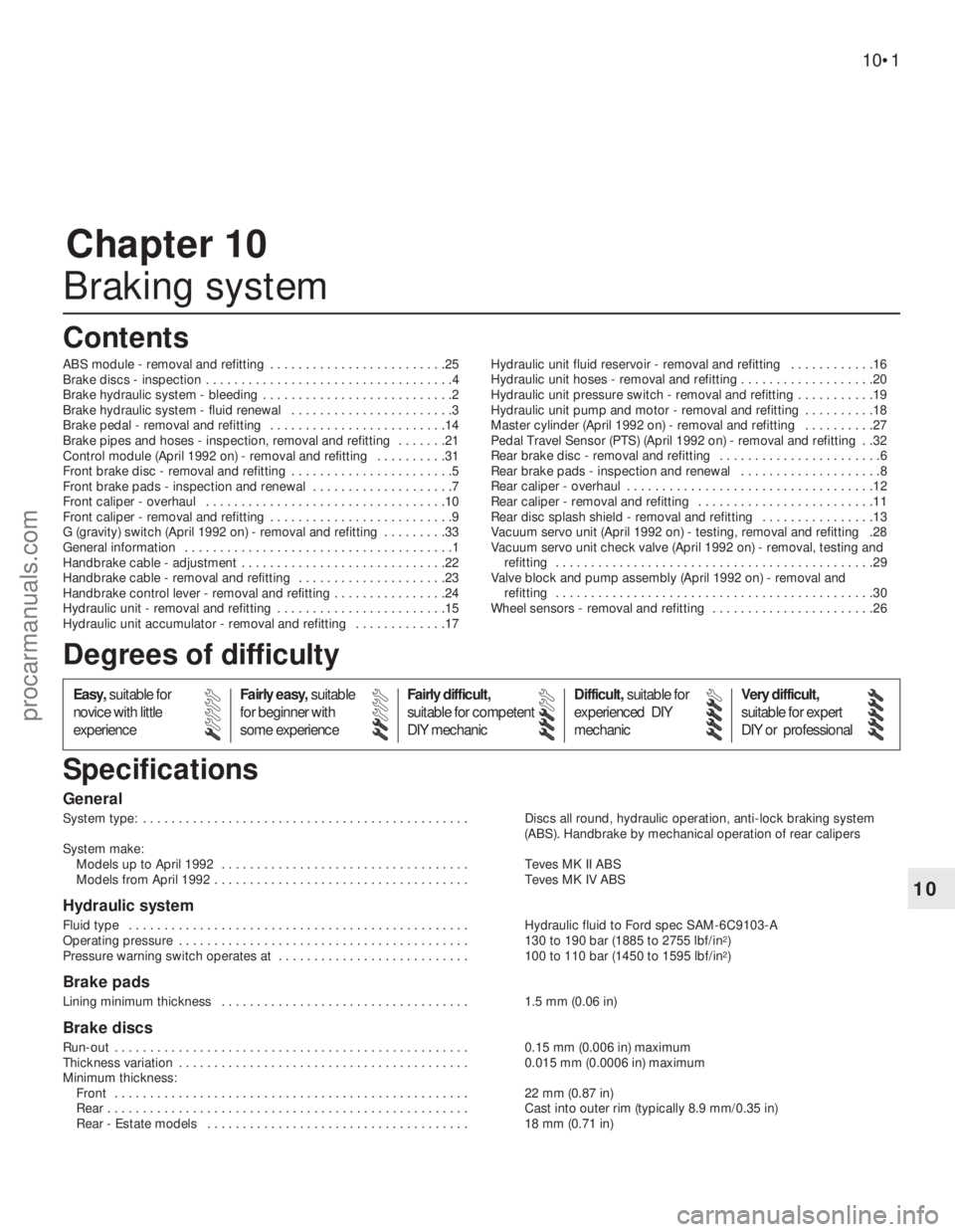 FORD GRANADA 1985 Service Repair Manual Chapter 10
Braking system
ABS module - removal and refitting . . . . . . . . . . . . . . . . . . . . . . . . .25
Brake discs - inspection . . . . . . . . . . . . . . . . . . . . . . . . . . . . . . FORD GRANADA 1985 Service Repair Manual Chapter 10
Braking system
ABS module - removal and refitting . . . . . . . . . . . . . . . . . . . . . . . . .25
Brake discs - inspection . . . . . . . . . . . . . . . . . . . . . . . . . . . . . .