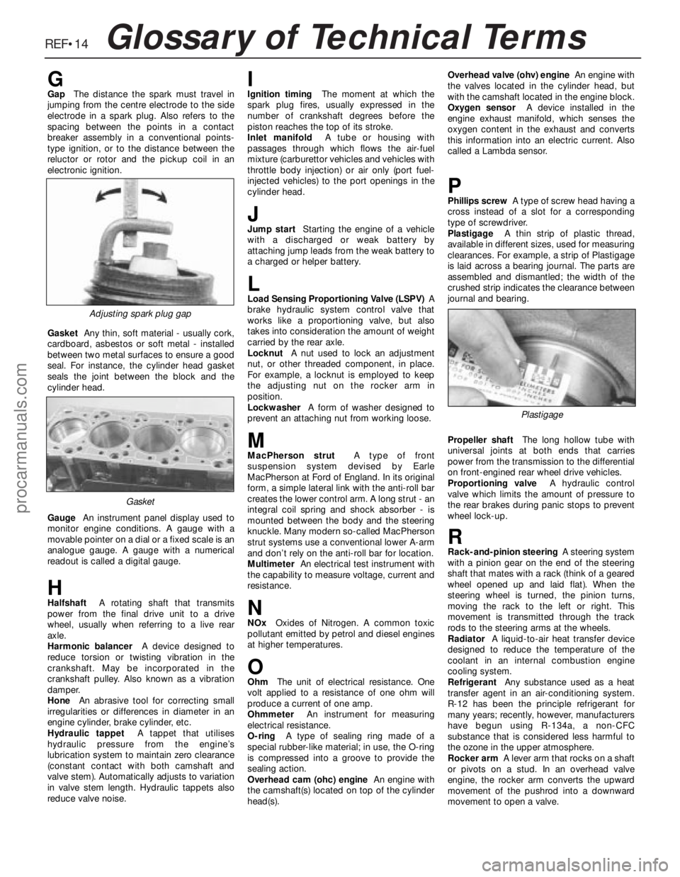 FORD GRANADA 1985 Service Repair Manual REF•14Glossary of Technical Terms
GGapThe distance the spark must travel in
jumping from the centre electrode to the side
electrode in a spark plug. Also refers to the
spacing between the points in FORD GRANADA 1985 Service Repair Manual REF•14Glossary of Technical Terms
GGapThe distance the spark must travel in
jumping from the centre electrode to the side
electrode in a spark plug. Also refers to the
spacing between the points in