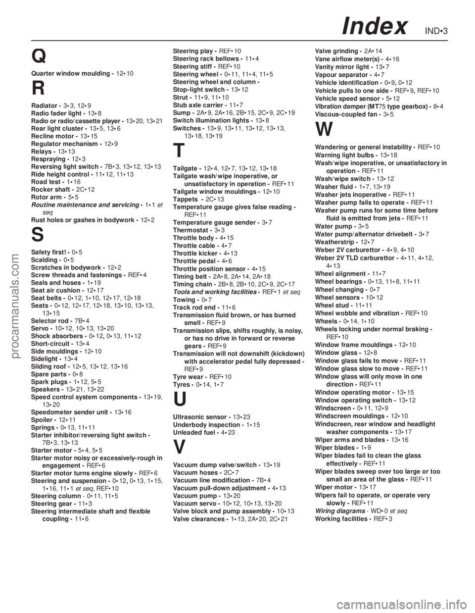 FORD GRANADA 1985 Service Repair Manual Q
Quarter window moulding - 12•10
R
Radiator - 3•3, 12•9
Radio fader light - 13•8
Radio or radio/cassette player - 13•20, 13•21
Rear light cluster - 13•5, 13•6
Recline motor - 13•15
FORD GRANADA 1985 Service Repair Manual Q
Quarter window moulding - 12•10
R
Radiator - 3•3, 12•9
Radio fader light - 13•8
Radio or radio/cassette player - 13•20, 13•21
Rear light cluster - 13•5, 13•6
Recline motor - 13•15