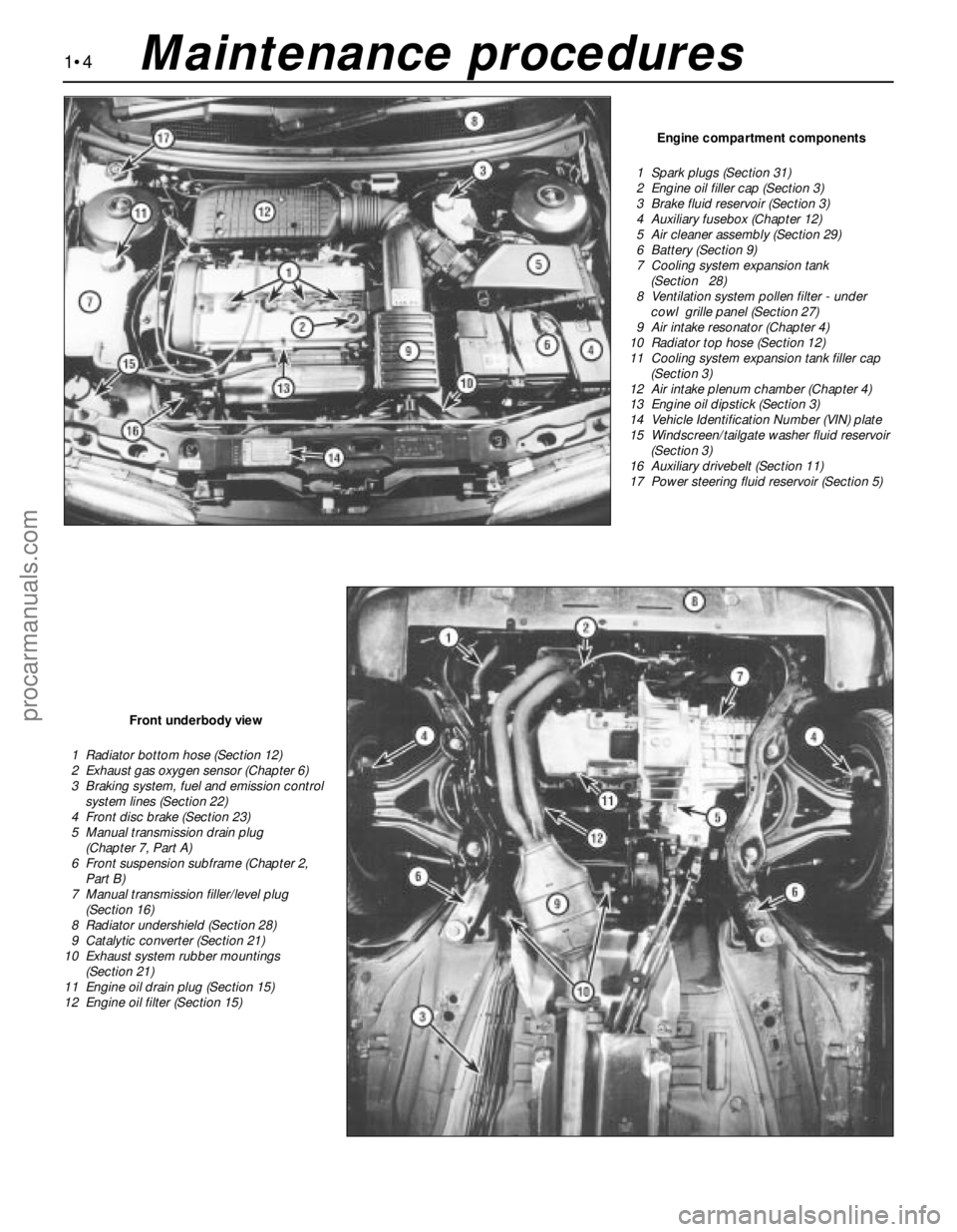 FORD MONDEO 1993 Service Repair Manual 1•4
Engine compartment components
1 Spark plugs (Section 31)
2 Engine oil filler cap (Section 3)
3 Brake fluid reservoir (Section 3)
4 Auxiliary fusebox (Chapter 12)
5 Air cleaner assembly (Sec FORD MONDEO 1993 Service Repair Manual 1•4
Engine compartment components
1 Spark plugs (Section 31)
2 Engine oil filler cap (Section 3)
3 Brake fluid reservoir (Section 3)
4 Auxiliary fusebox (Chapter 12)
5 Air cleaner assembly (Sec
