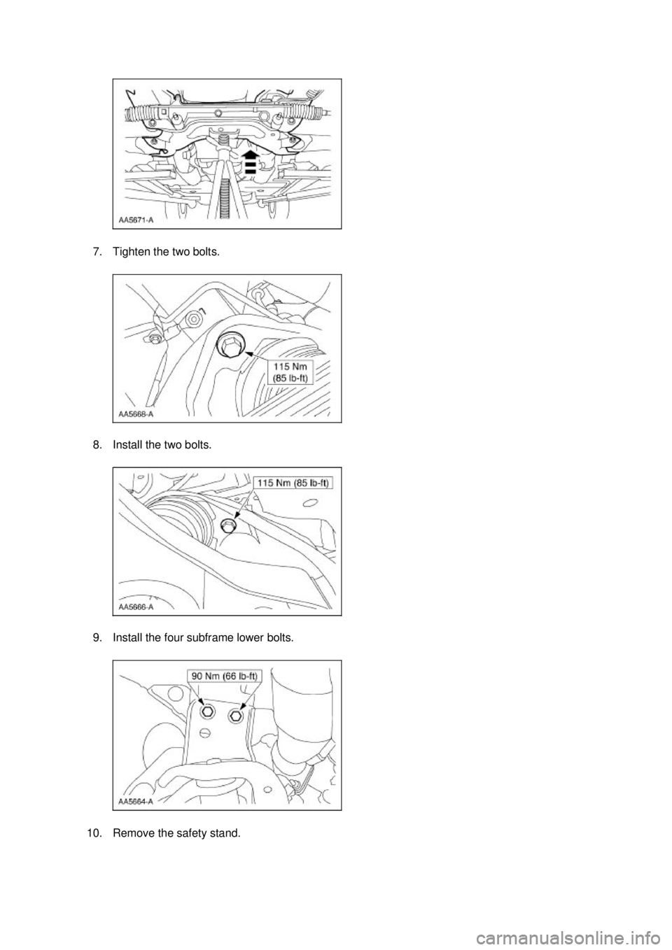 FORD MUSTANG 2003  Workshop Manual 7. Tighten the two bolts. 
8. Install the two bolts. 
9. Install the four subframe lower bolts. 
10. Remove the safety stand.  Klj .  9 ba
  122003 Mustang Workshop Manual
17. 11. 2011file:///C:/