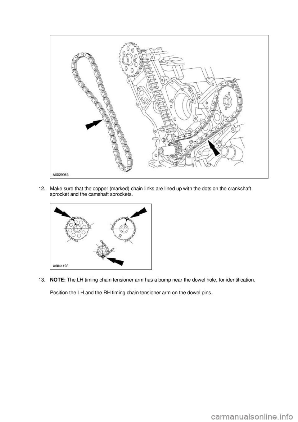 FORD MUSTANG 2003  Workshop Manual 12. Make sure that the copper (marked) chain links are lined up with the dots on the crankshaft 
sprocket and the camshaft sprockets. 
13. NOTE:  The LH timing chain tensioner arm has a bump near the 